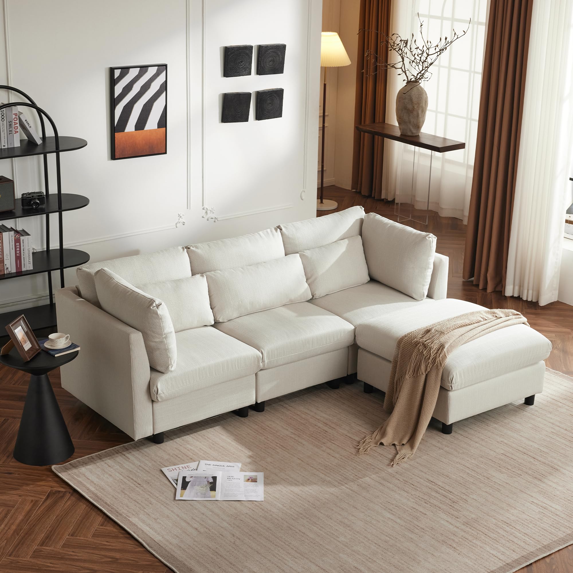 KecDuey Sofá de 3 plazas, sofá esquinero en forma de L, diseño moderno, muebles tapizados, sofá de tres plazas, sofá de salón, sofá de esquina con reposapiés, con función de dormir (beige)