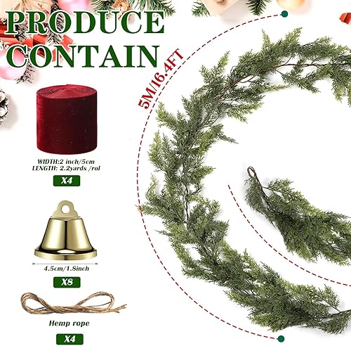 Miniatura 3 de Guirnalda de ciprés artificial de pino nevado extra larga con cintas y campanas, decoraciones de pino de tacto real para escaleras, interiores y
