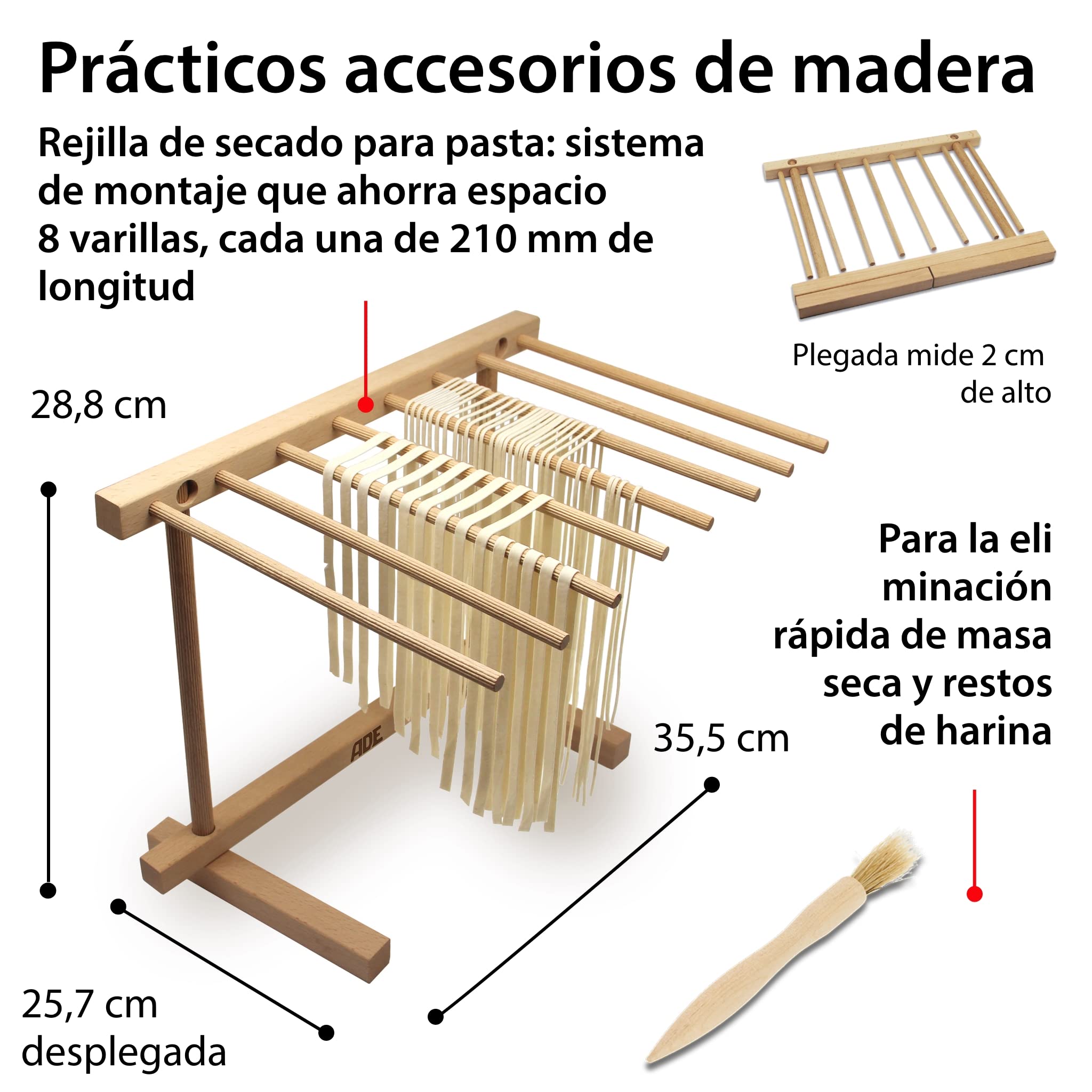 ADE Máquina para hacer pasta fresca | 7 espesores de masa para lasaña espaguetis fettucine | con extras: secador de pasta y cepillo de limpieza | pastamaker de acero inoxidable