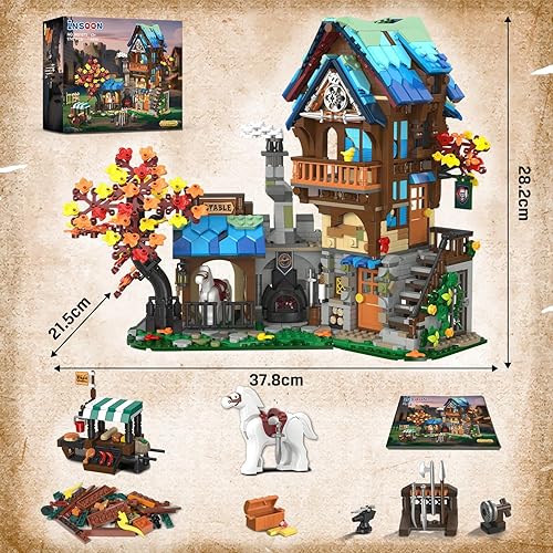 Miniatura 8 de Juego de construcción medieval para adultos, arquitectura medieval de casa con cabina de patrulla y establo de caballos, juego de ladrillos de