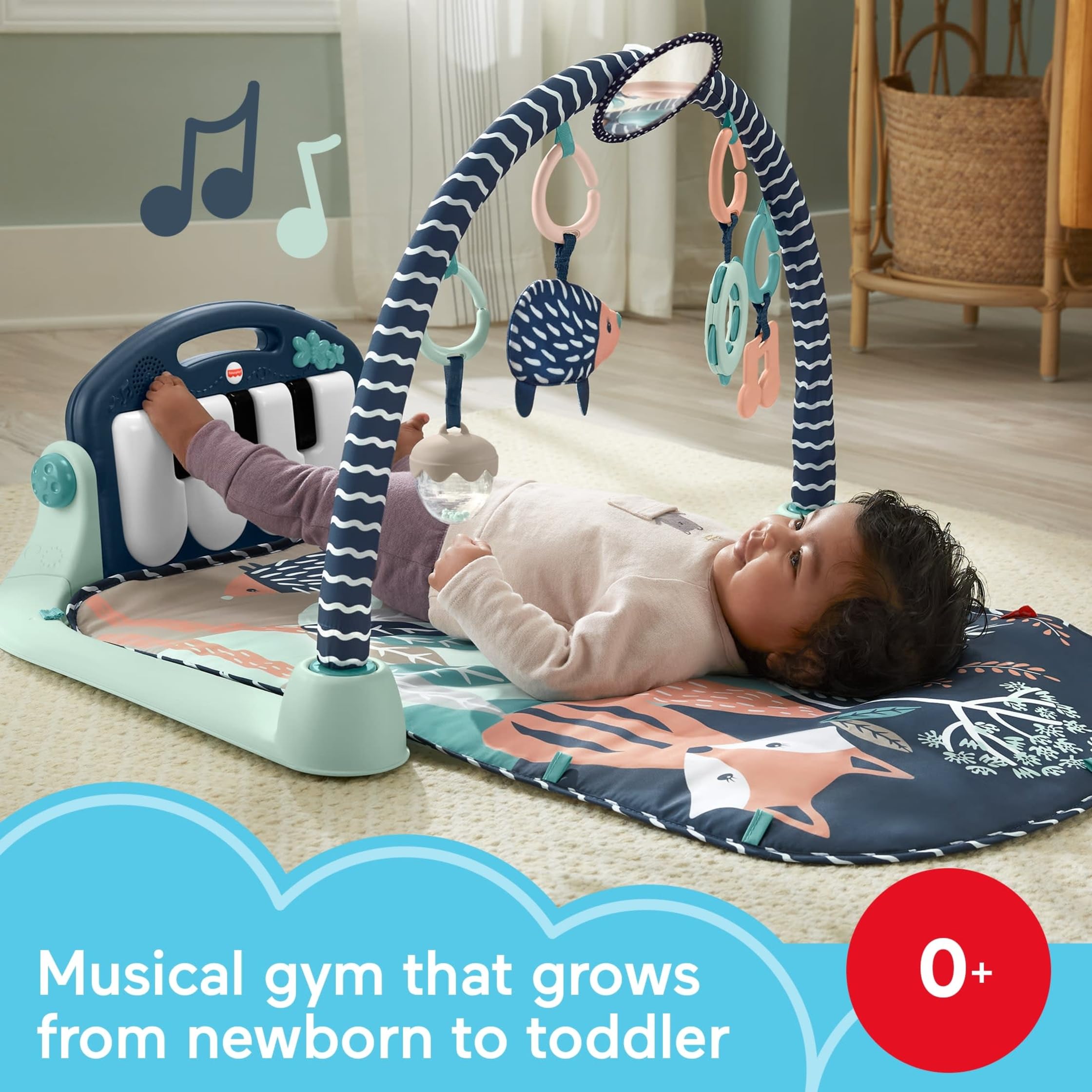 Fisher-Price Gimnasio-Piano pataditas Alfombra de Juego para bebés con Juguetes Musicales y sensoriales para recién Nacidos y niños pequeños, Azul Marino y Beige, JMN75