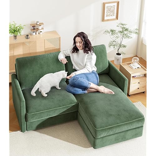 71” Couches for Living Room, Comfy Corduroy L Shaped Couch Sofa, Tool-Free Setup Sofas for Living Room Furniture, All-Wood Small Couches for Small Spaces, Couch Sofa with Chaise, Loveseat, Green