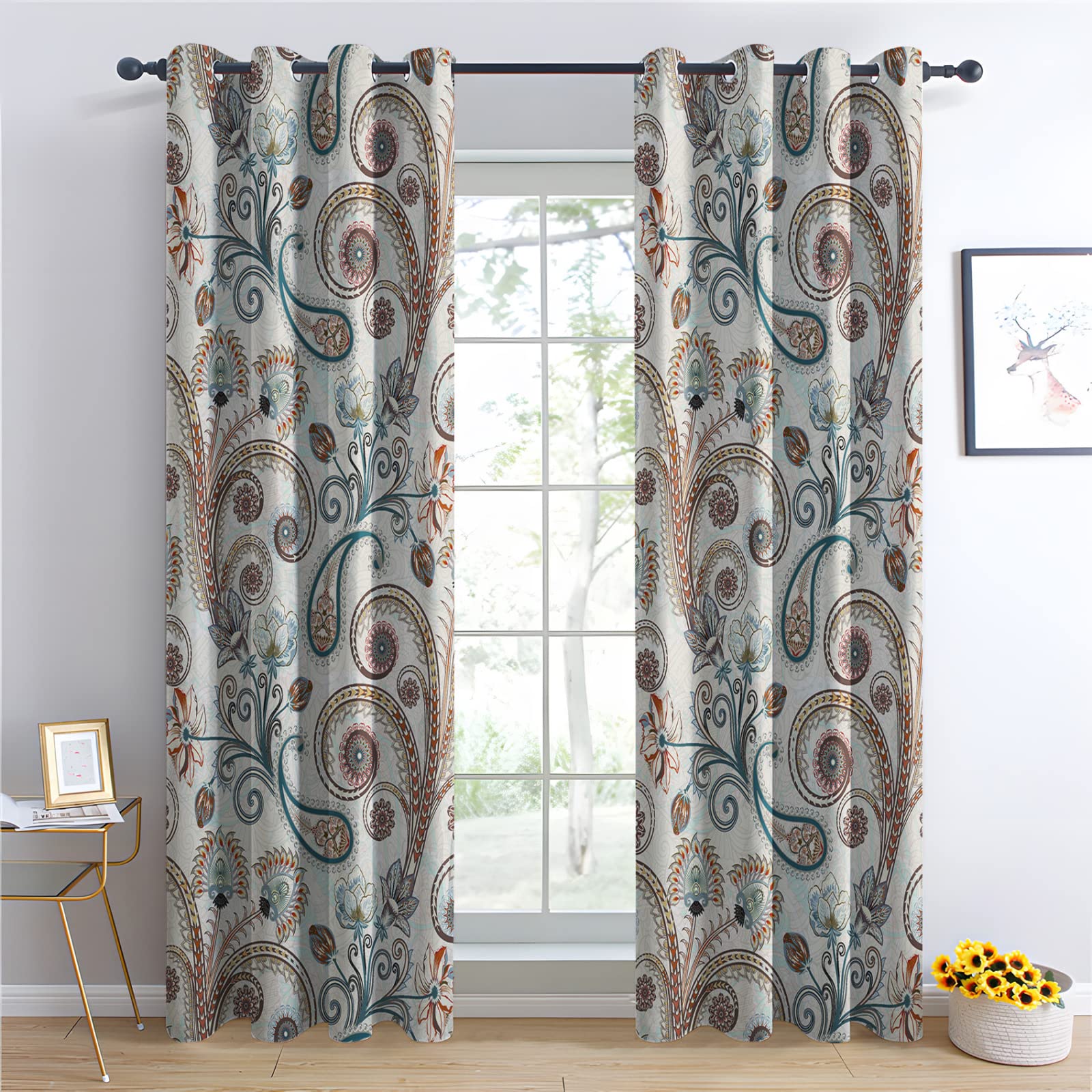 TAKUAN Rassisch Vorhänge Paisley Blumenmuster Muster Verdunklungsvorhänge, Vorhang Blickdicht mit Ösen Gardinen Wohnzimmer Schlafzimmer Kinderzimmer Dekoration 2er Set-160 x 132 cm (H X B)