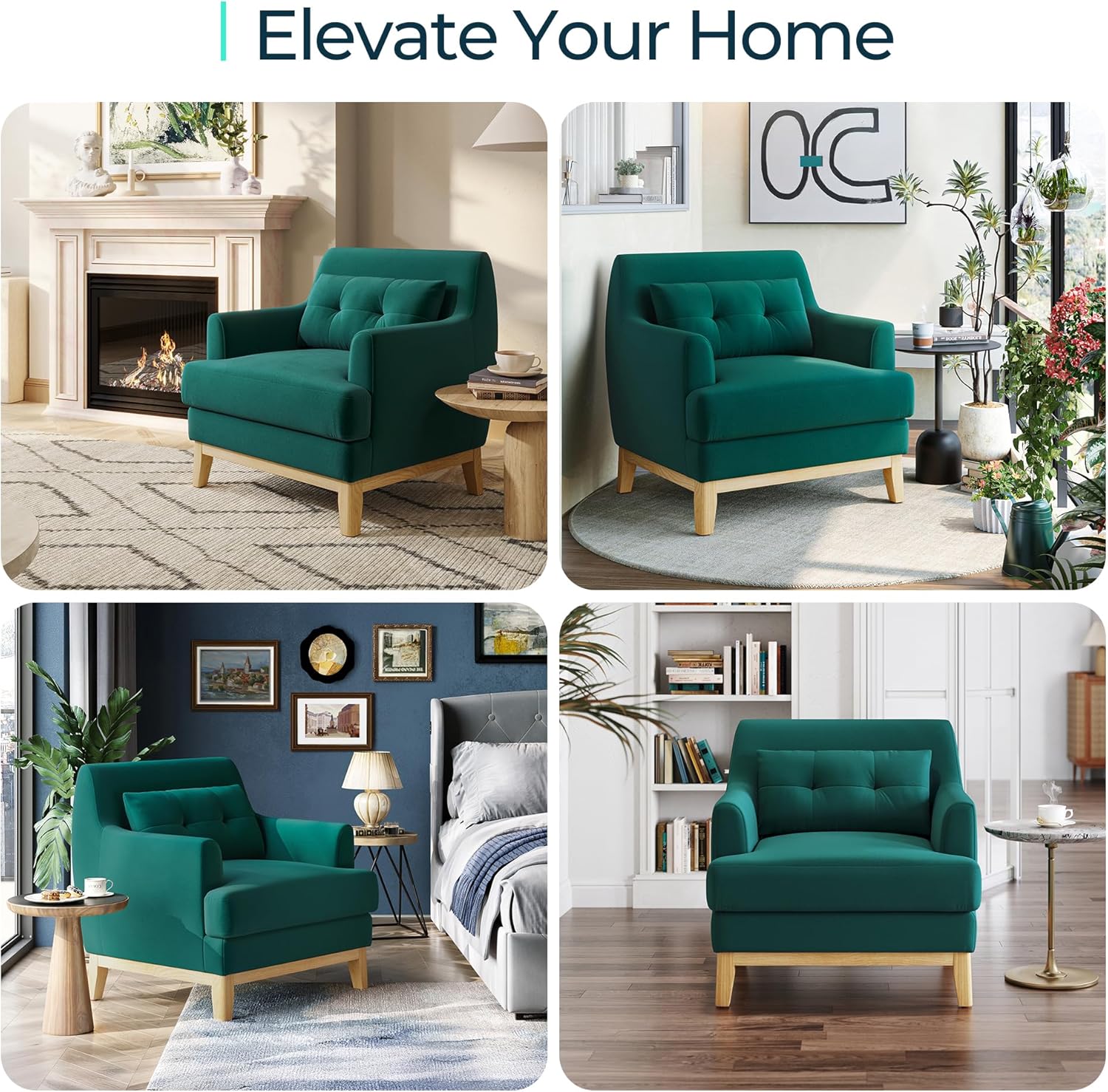 LINSY Accent Chair, Large Reading Chair with Rubberwood Base, Mid Century Modern Armchair with Lumbar Pillow, Cozy Single Sofa Chair for Living Room Bedroom Office Study, Velvet Arm Chair, Green