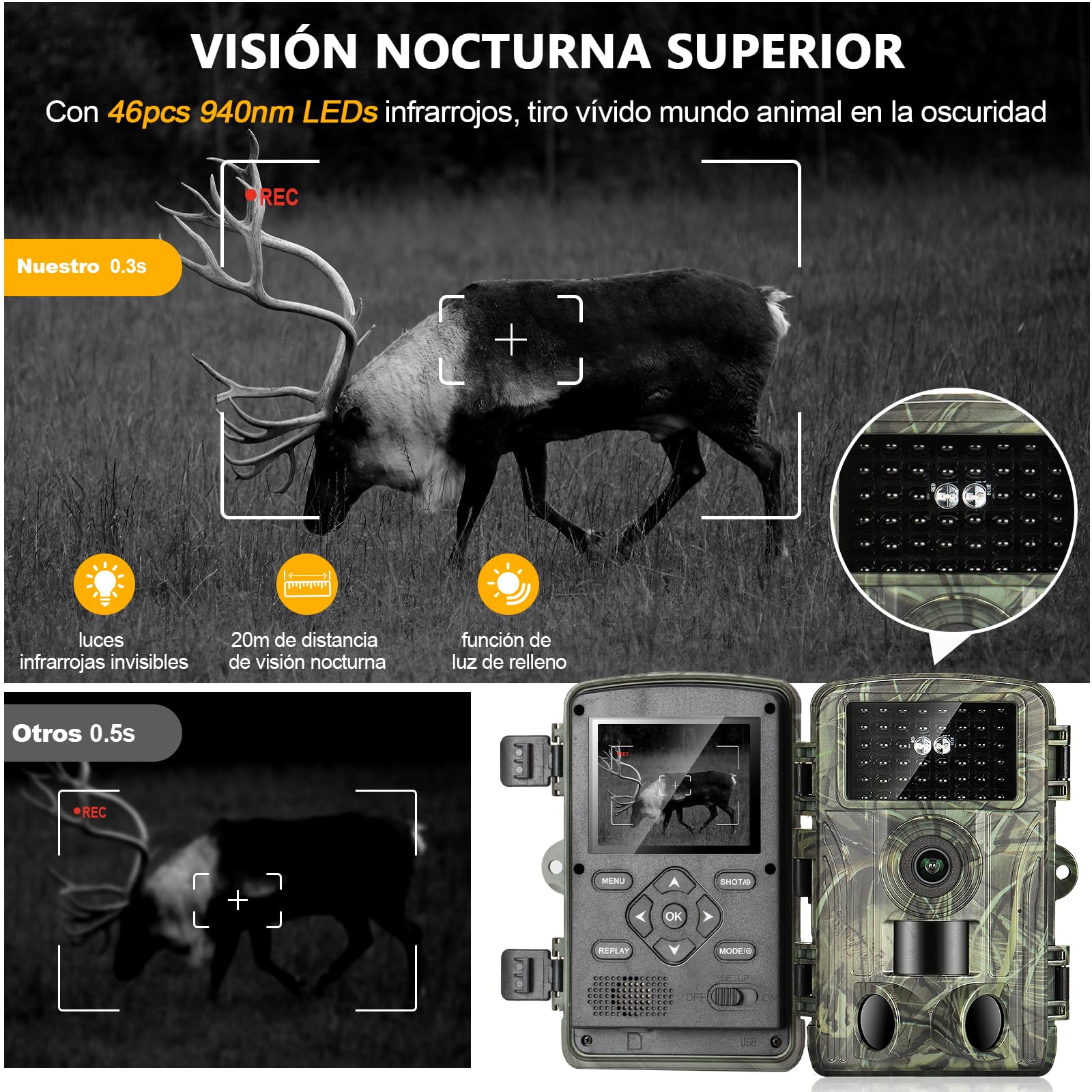 Camara Fototrampeo Caza 4K, WiFi Cámara de Caza con Tarjeta 32G, 120° Cámaras de Caza Vision Nocturna 2,0" LCD IP66 Cámara de Seguridad para Monitoreo de Vida Silvestre y Vigilancia del Hogar