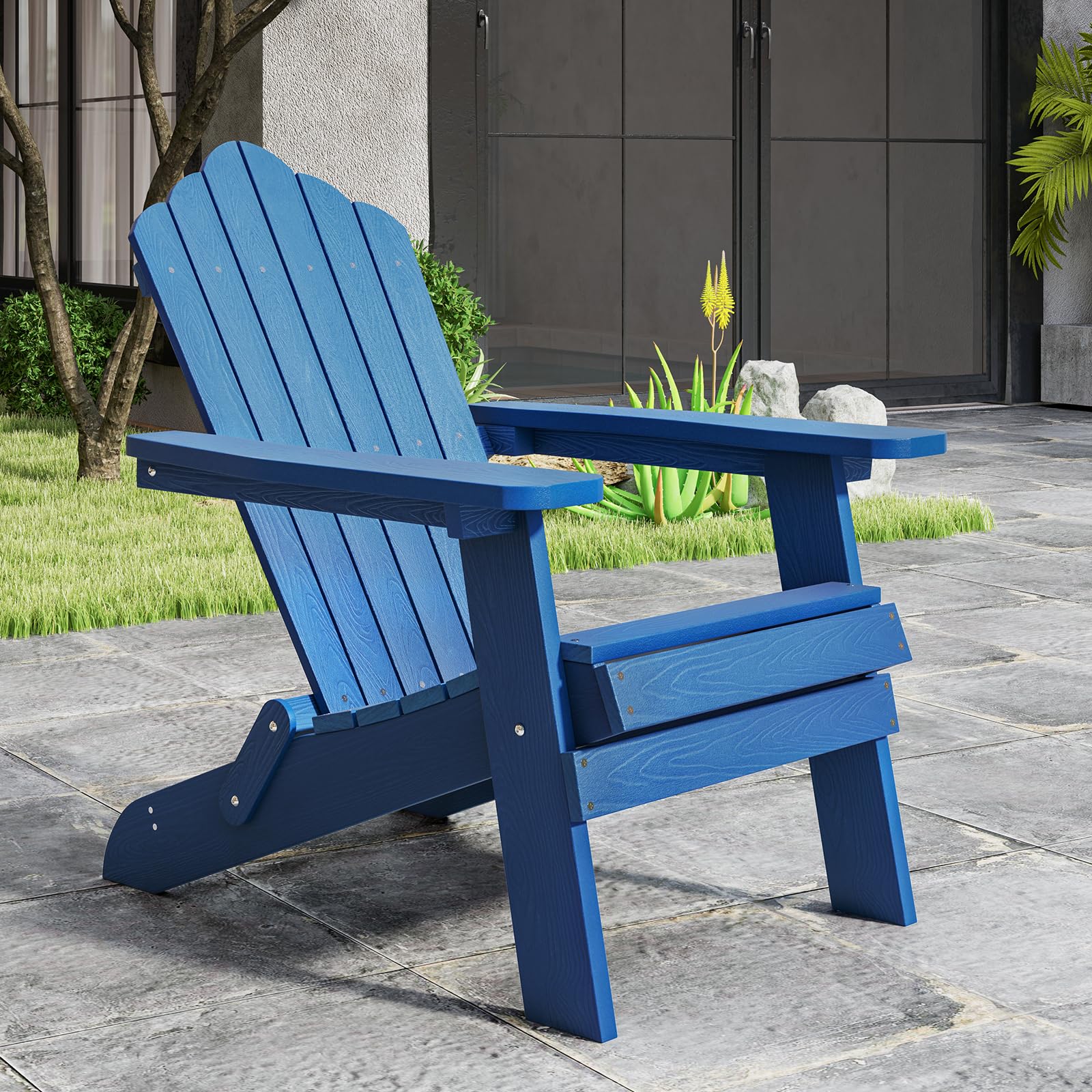 KOMFOTTEU Silla Adirondack Plegable, Silla de Jardín de Hips con Respaldo Inclinado y Reposabrazos Anchos, Sillón Ergonómica con Carga de 180 kg, Asiento de Exterior para Balcón, Terraza (Azul)
