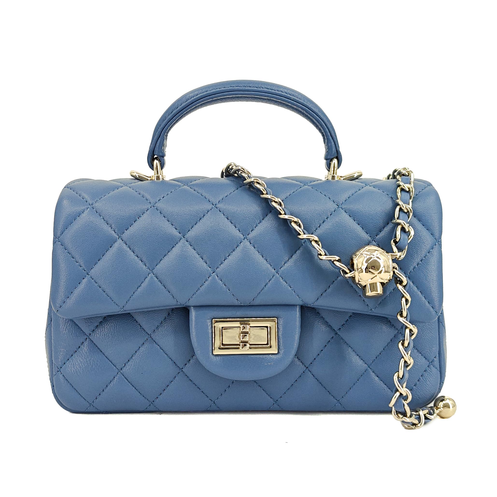 Small Quilted Crossbody Bag for Women Genuine Leather Mini Shoulder Flap Purse with Gold Chain Strap Top Handle
