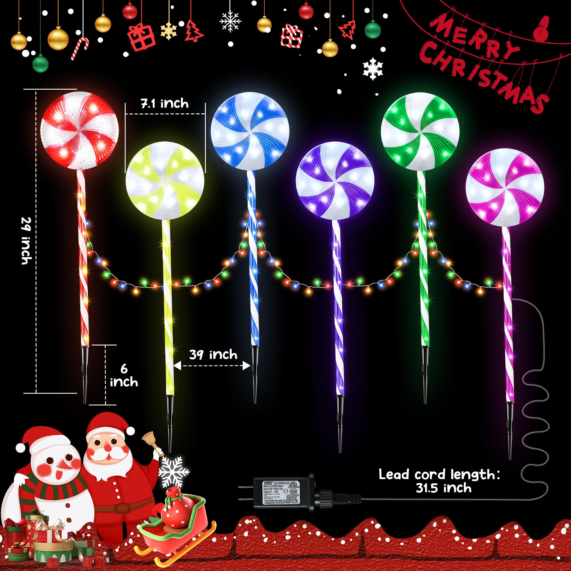8 Pack 24" 96LED Lollipops Peppermint Pathway Markers With 11 Modes Christmas Lollipops Pathway Lights Decorations For Outdoor Yard - View #12