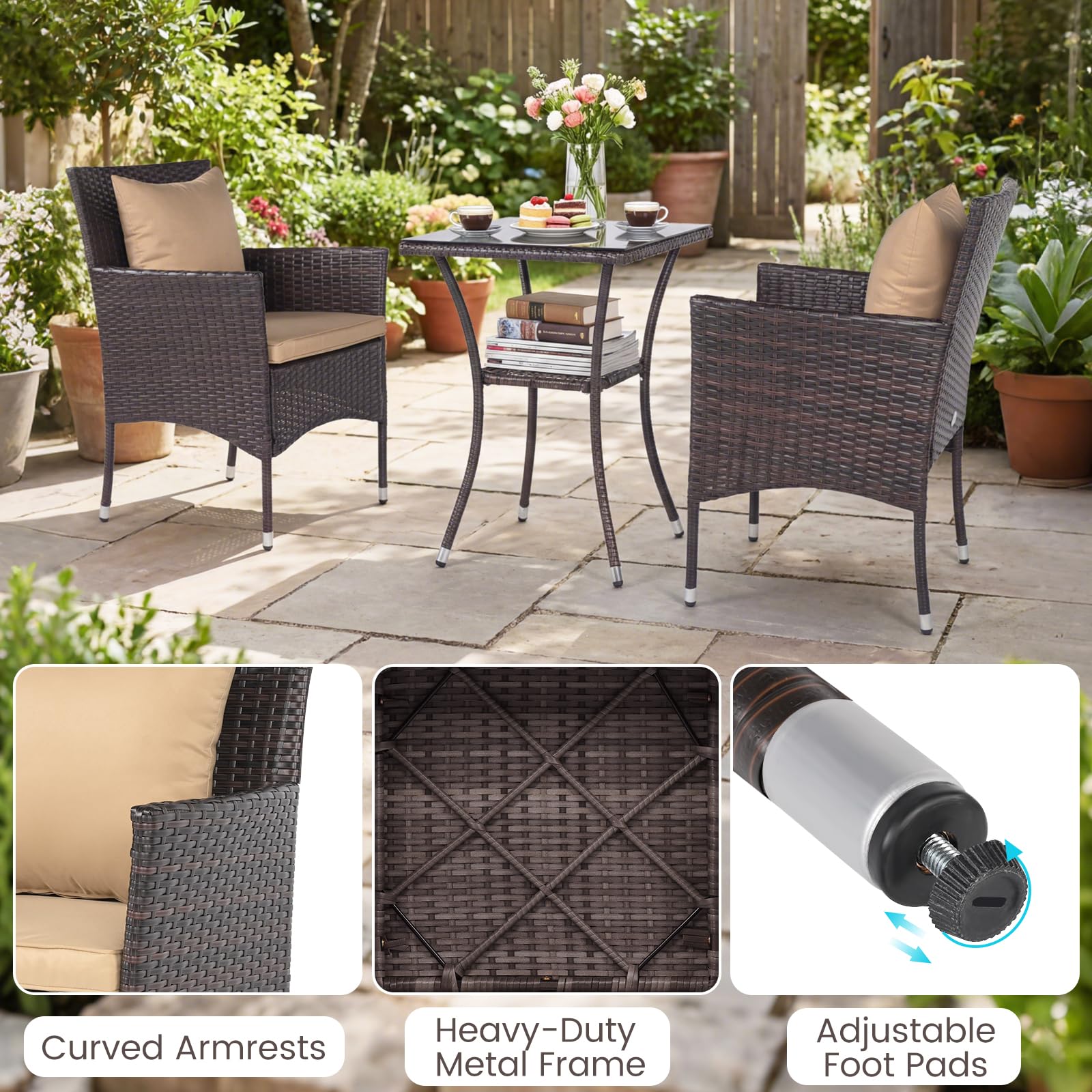 FANTASK 3-Teilige Rattan Gartenmöbel, Balkonmöbel Set mit 2 Sessel, Glastisch & Kissen, Terrassenmöbel für 2 Personen, Lounge Möbel für Garten, Veranda, Poolbereich (Mix Braun+Beige)