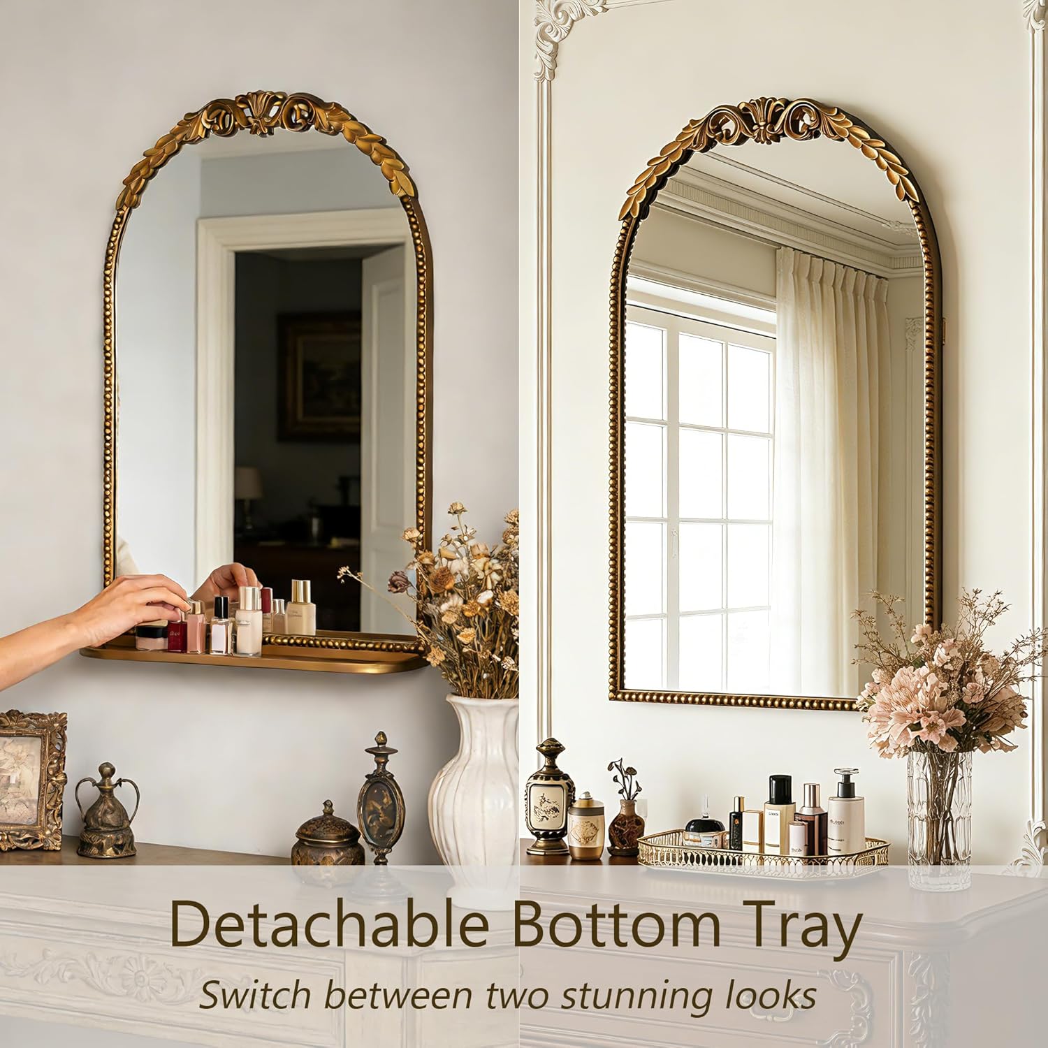 SHYFOY Vintage Wall Mirror with Shelf, 30" Arched Metal-Framed Decorative Hanging Mirror for Entryway, Bathroom, Bedroom, Living Room – Antique Gold