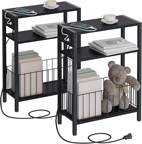Miniatura 10 de Mesa auxiliar estrecha con estación de carga, mesa auxiliar pequeña para espacios pequeños, mesita de noche delgada con cesta de almacenamiento,