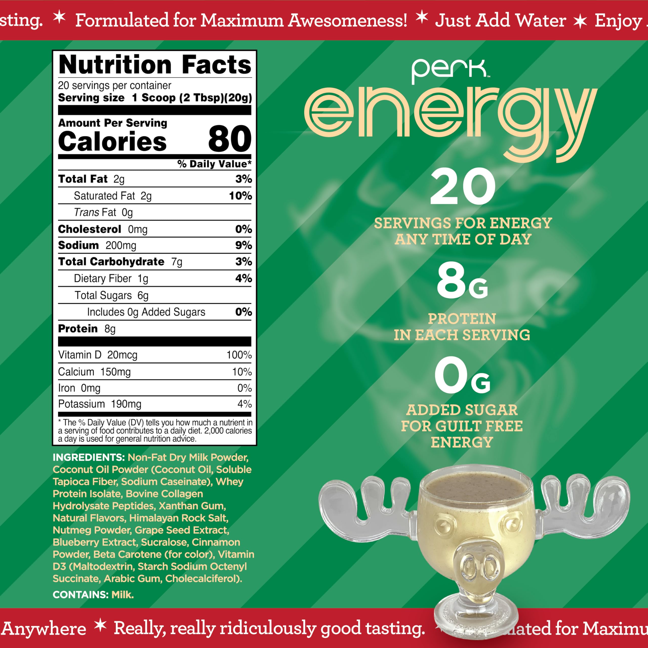 Perk Energy Original Caffeine-Free Eggnog (20 Servings) - Gluten Free, Soy Free, Peanut Free