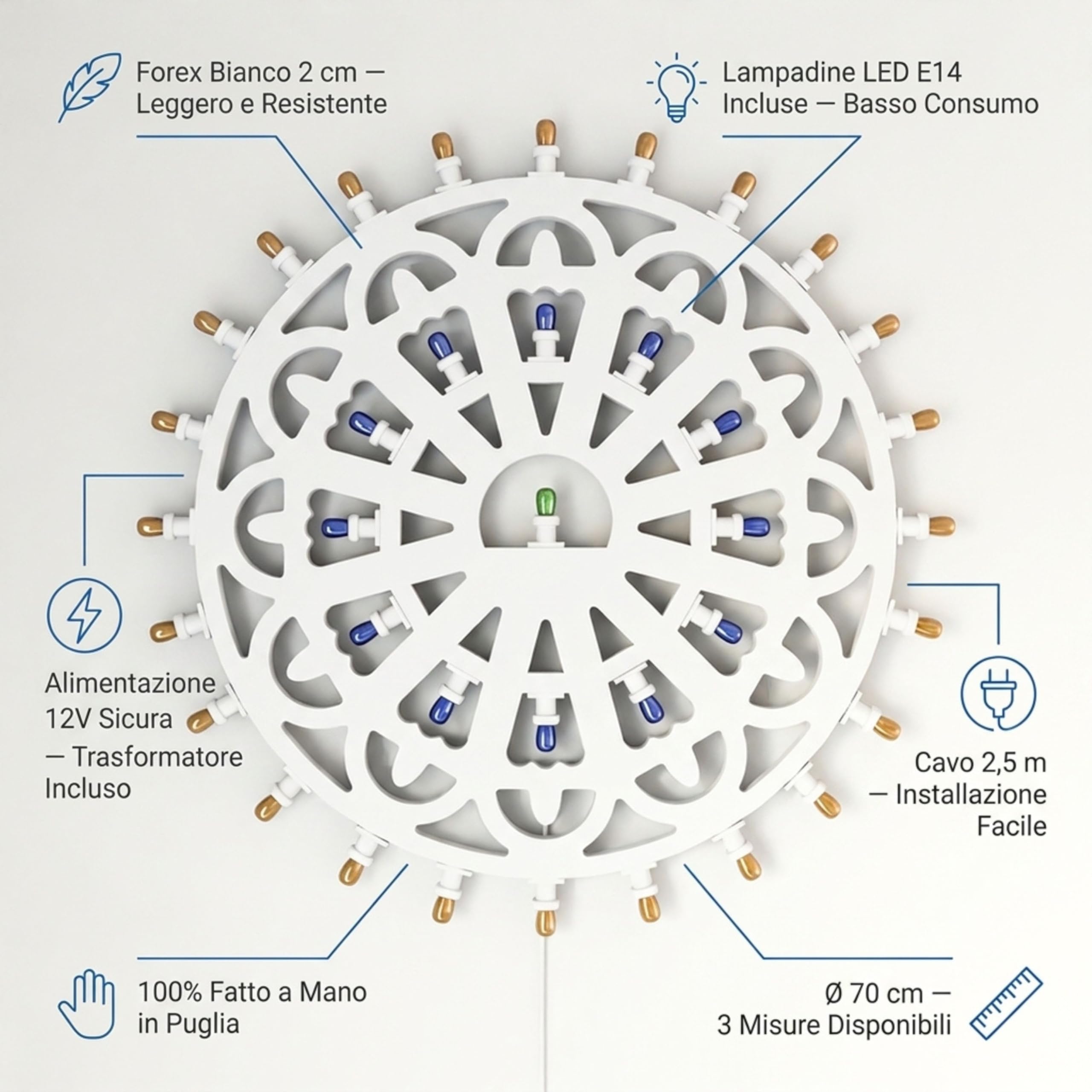 Luminaria Pugliese da Parete – Rosone Luminoso LED Artigianale Made in Italy – Applique Decorativa Forex Bianco Luce Calda – Lampada Salentina Tradizionale Puglia