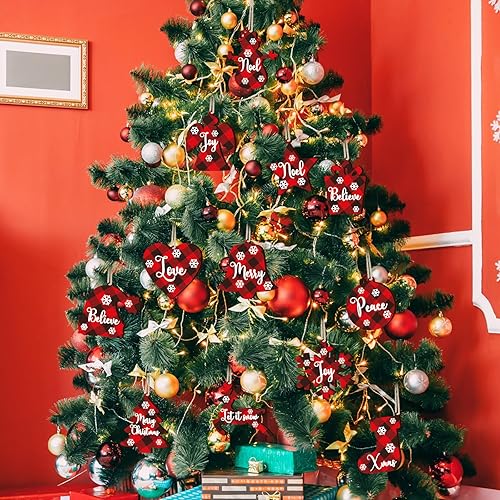Miniatura 6 de 36 adornos navideños a cuadros para árbol de Navidad, decoración colgante de madera negra y roja, adornos de Navidad de reno, muñeco de nieve,