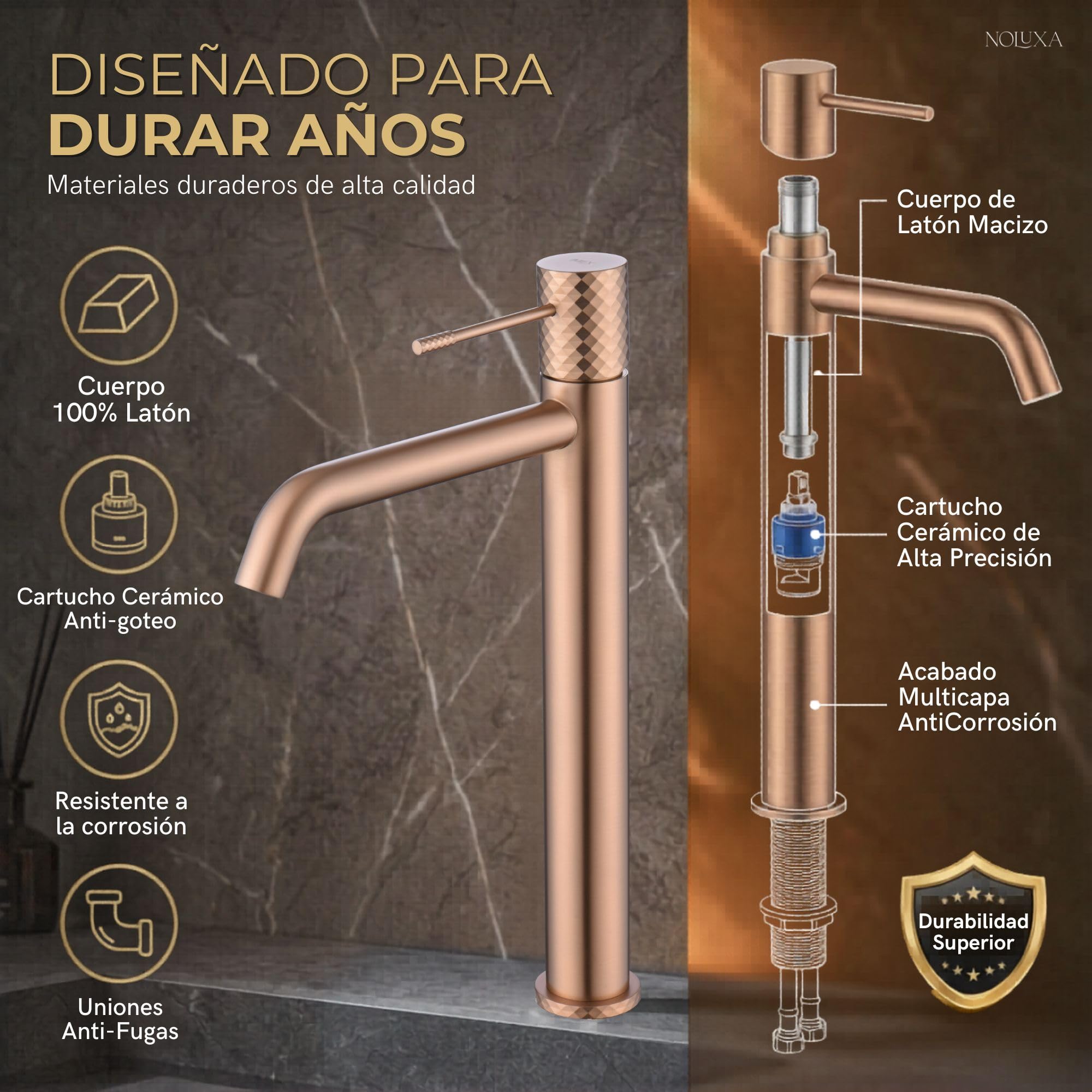 IMEX - Robinet Lavabo Or Rose Bec Haut | Robinet Salle de Bain Mitigeur Eau Froide et Chaude | Robinetterie Monocommande Effet Cascade avec Bec en Laiton et Économie D'Eau | Série Gênes
