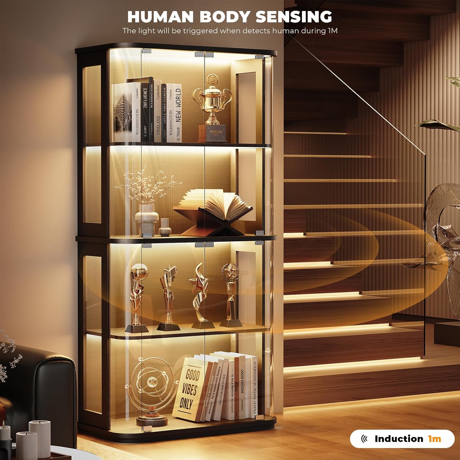 Rounded Display Cabinet with Glass Door, 4-Tier Curio Cabinet with Transparent Full-Display Surface for Collectibles, Glass Display Case with 3 Color Lights, Human Body Sensor, Black