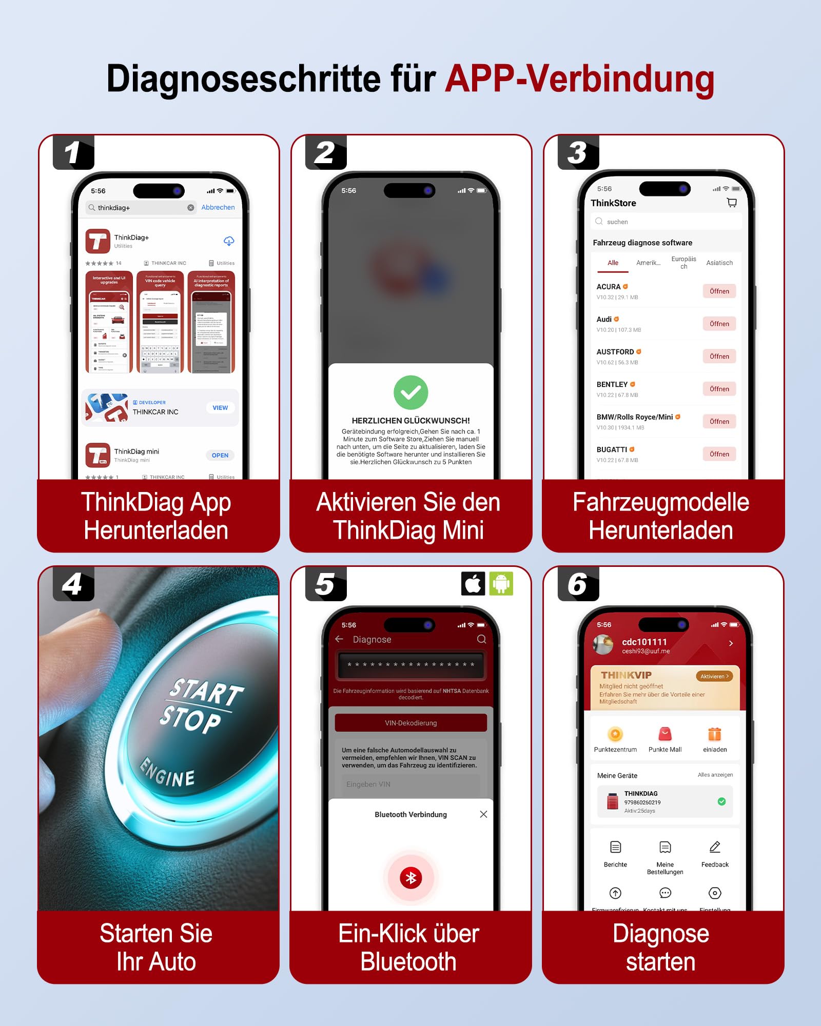 THINKCAR OBD2 Bluetooth Adapter für iOS & Android, ThinkDiag Mini OBD2 Diagnosegerät Mit Alle Systemdiagnosen, Diagnosegerät Auto für Fahrzeuge, Exklusive APP/Batterietest/VIN