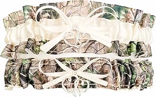 Camouflage Ivory Satin Wedding Bridal Prom Garter Set - Double Heart Charm