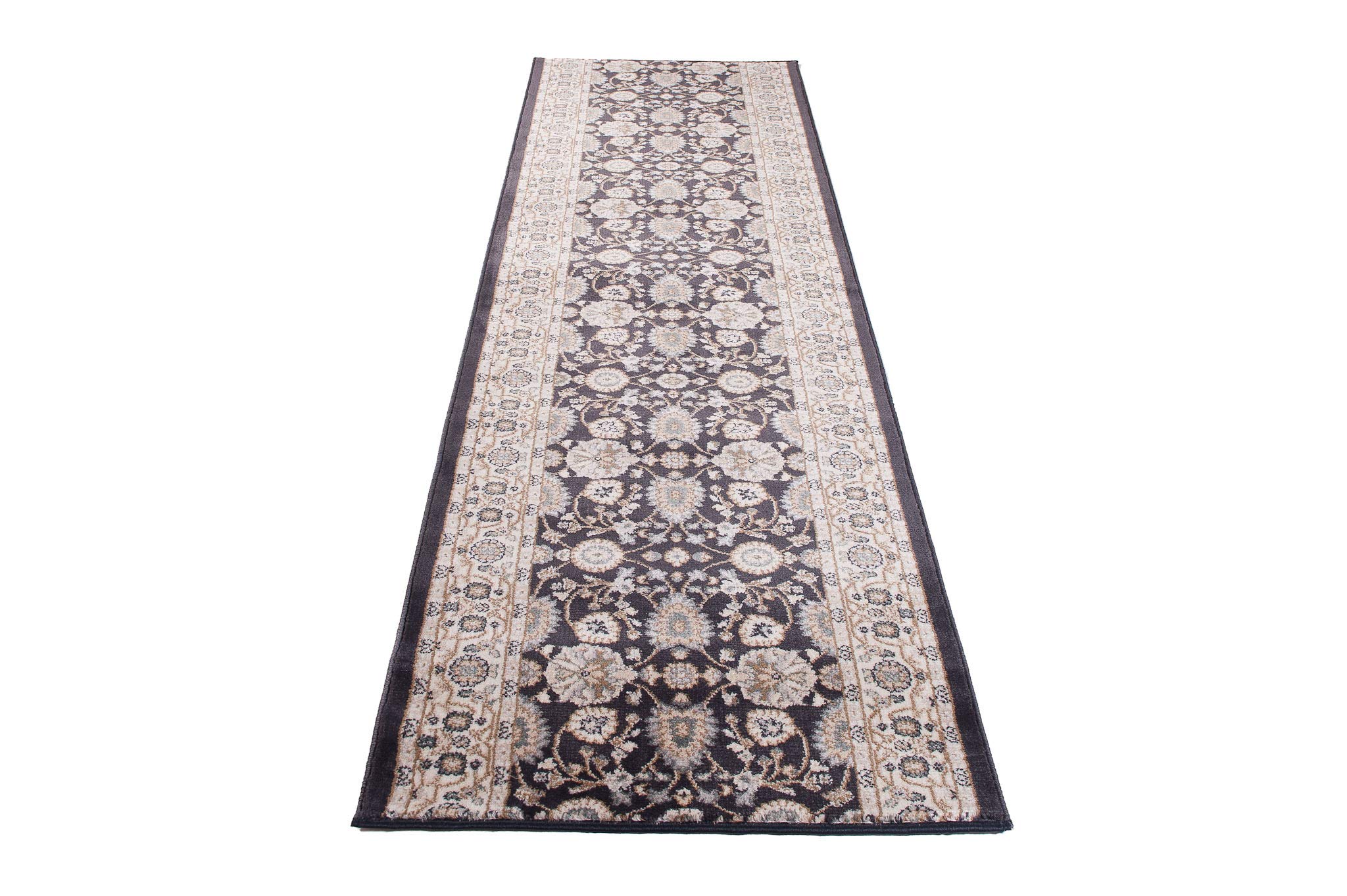 Tapiso Colorado chodnik, dywan na korytarz, klasyczny krótkie runo, orientalny, kremowy, antracyt, kwiatowy wzór, Ökotex 80 x 300 cm