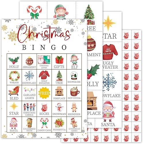 Juegos de fiesta de bingo de Navidad con 24 jugadores, juegos de fiesta de Navidad para niñas, niños, suministros de fiesta escolar, actividades en