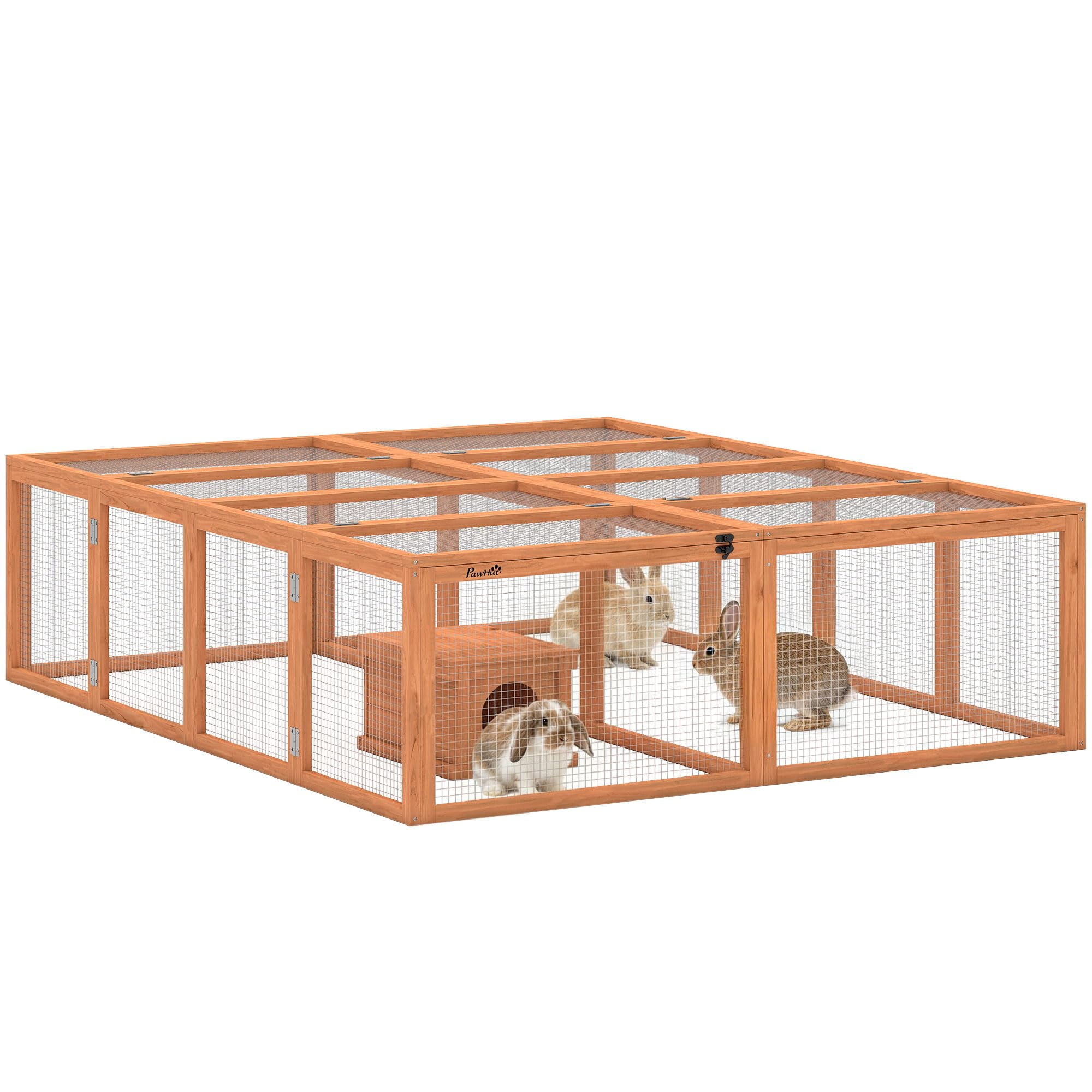 PawHut Freilaufgehege Kaninchenstall aus Holz mit 2 Türen 180,4 x 150 x 48 cm Hasenstall mit Unterschlupfhaus Freigehege für 2-4 Zwergkaninchen Zwergmeerschweinchen Enten Orange