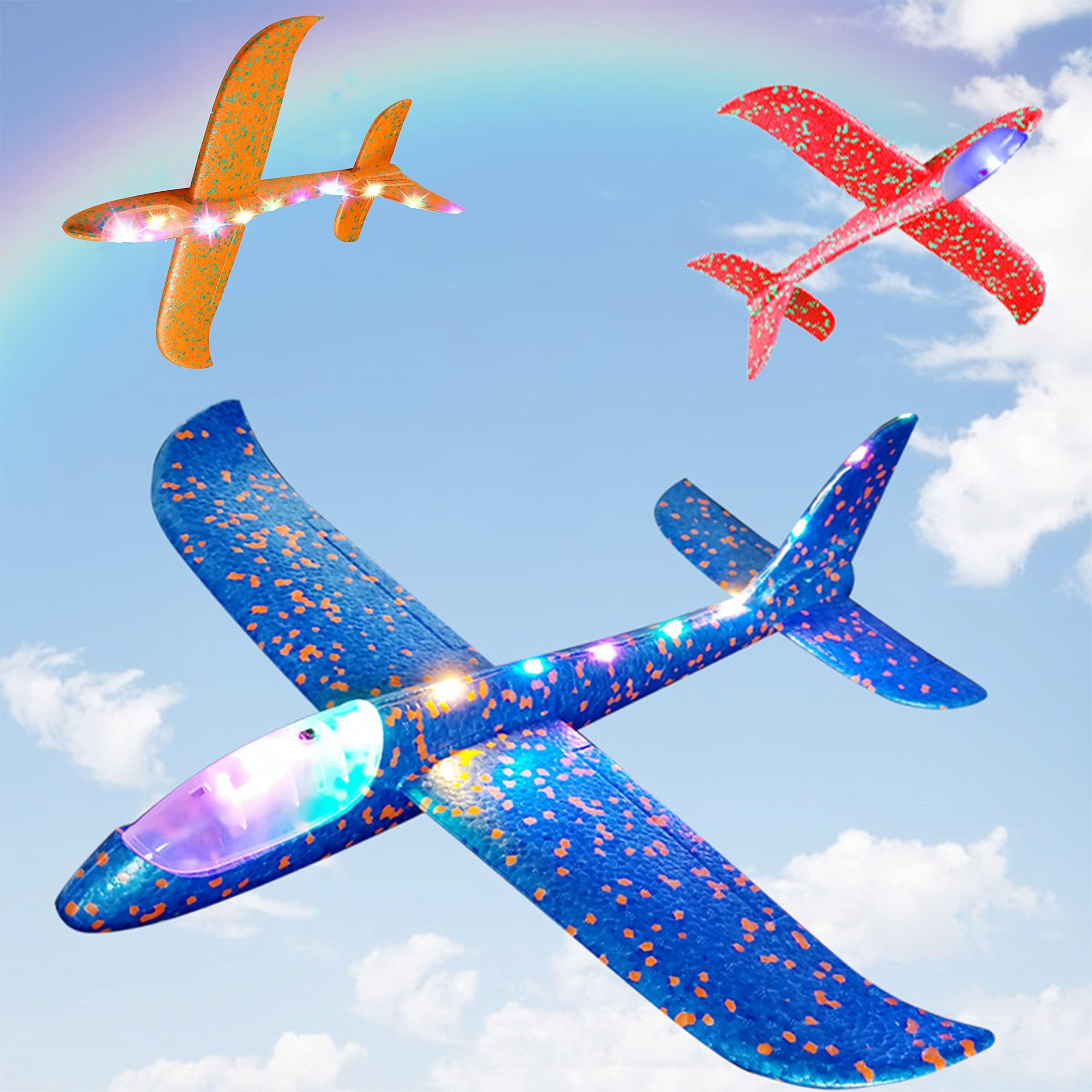 BAIVYLE 3 Pack LED Light Up Foam Airplanes for Kids, 18.9" Flight Glider Planes Flying Toys, Summer Outdoor Activities, Gifts for Boys Girls