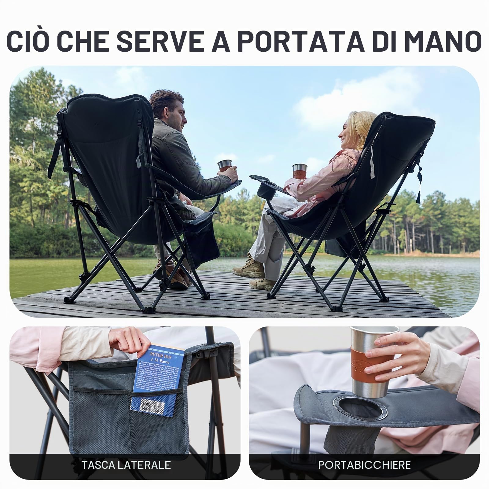 TIMBER RIDGE Sedia da campeggio pieghevole 180 kg schienale regolabile 3 posizioni sedia imbottita da pesca larghezza seduta extra 62 cm con tasca laterale e portabicchieri