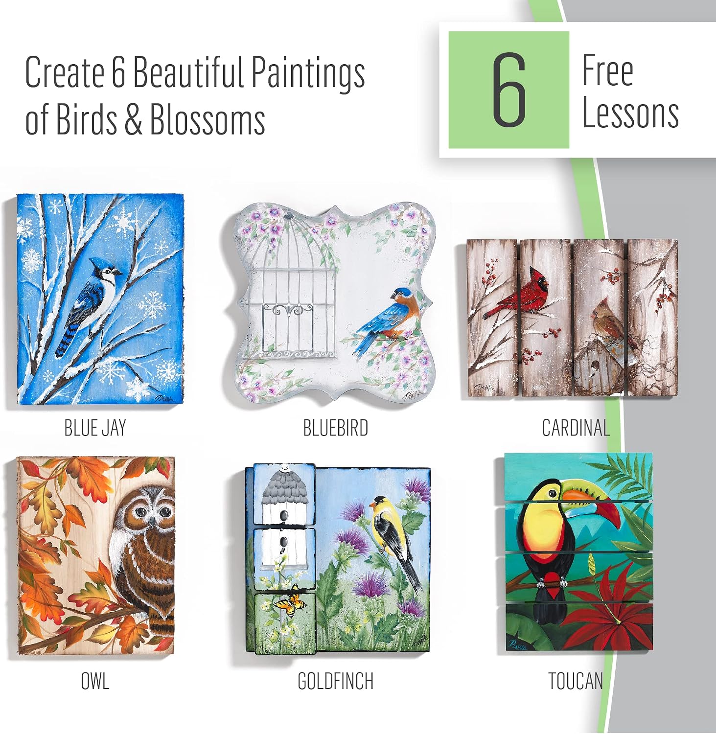 FolkArt One Stroke Birds & Blossoms Acrylic Paint Kit, 32 Piece Set Including 12 2 fl oz FolkArt Multi-Surface Paints, 10 Brushes, 6 Teaching Guides, 3 Pattern Sheets & 1 2 fl oz Floating Medium