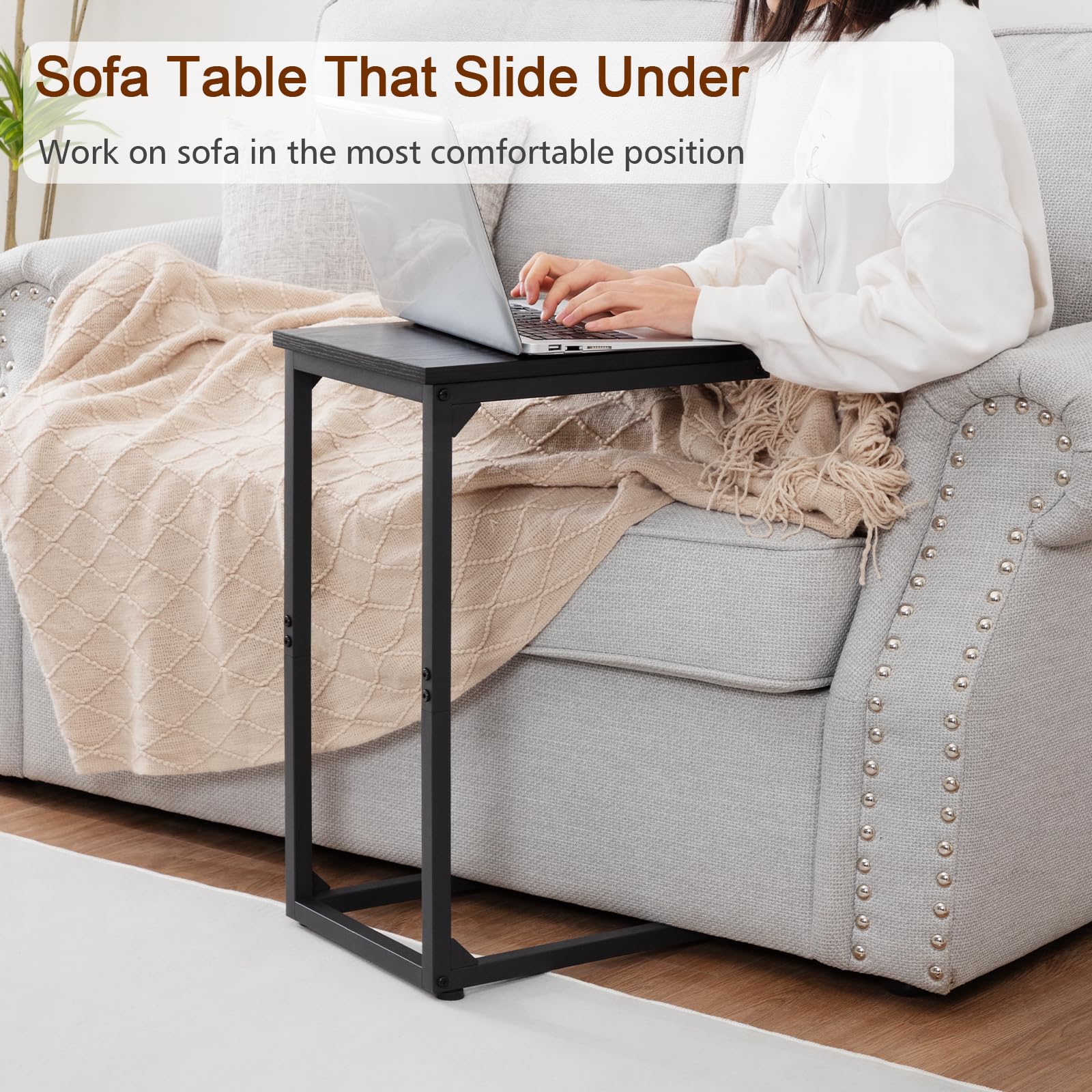 AMHANCIBLE Beistelltisch 2er Set, Couchtisch C Form, Wohnzimmertisch mit Metallgestell, mobiler Kaffeetisch, Sofatisch für Kaffee und Laptop, Beistelltisch Couch für Schlafzimmer, Wohnzimmer, Schwarz