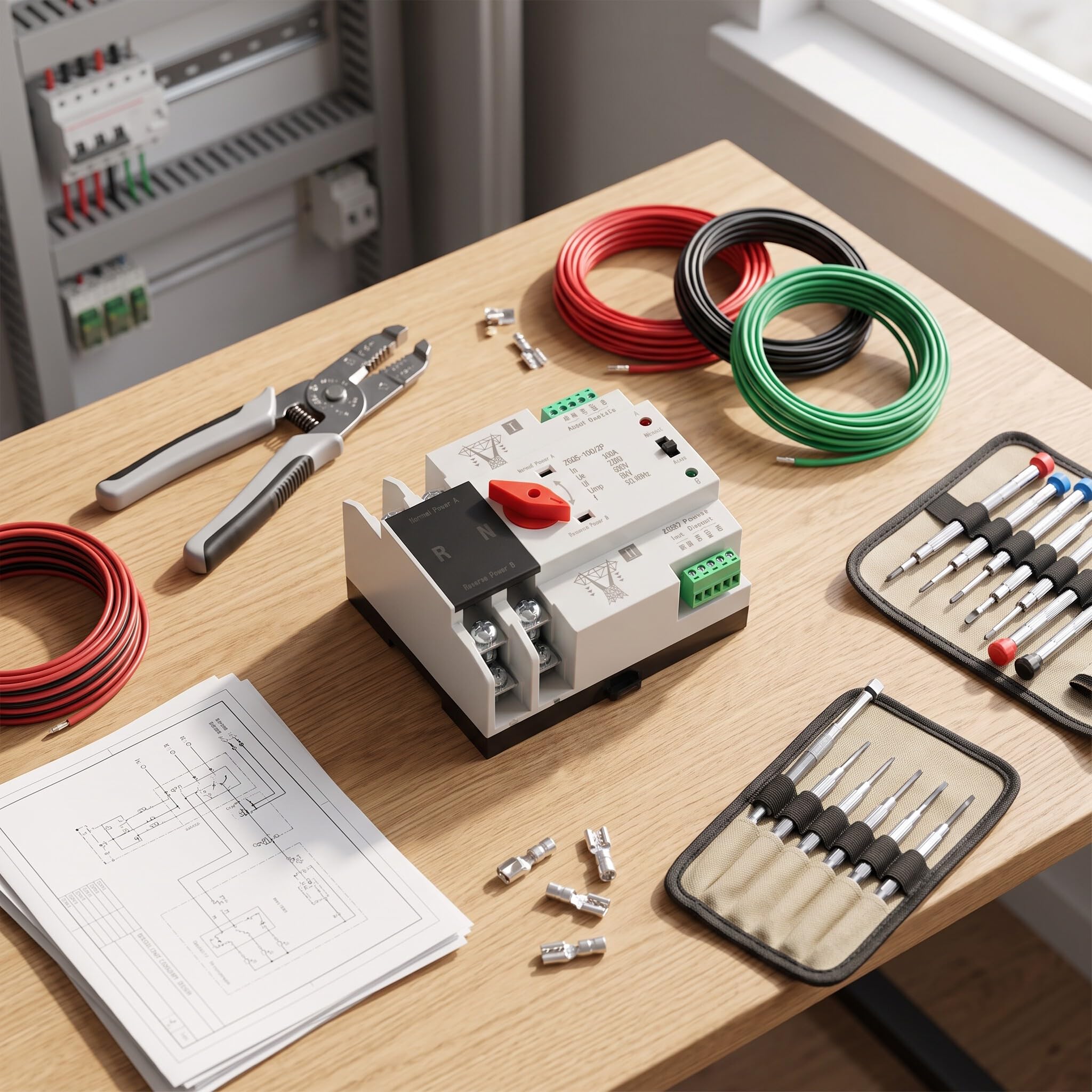 Interruttore di Trasferimento Automatico 2P Dual Power, 220V 100A ATS, Guida DIN, ZGQ5-100/2P, per Corrente Comunale e Generatore