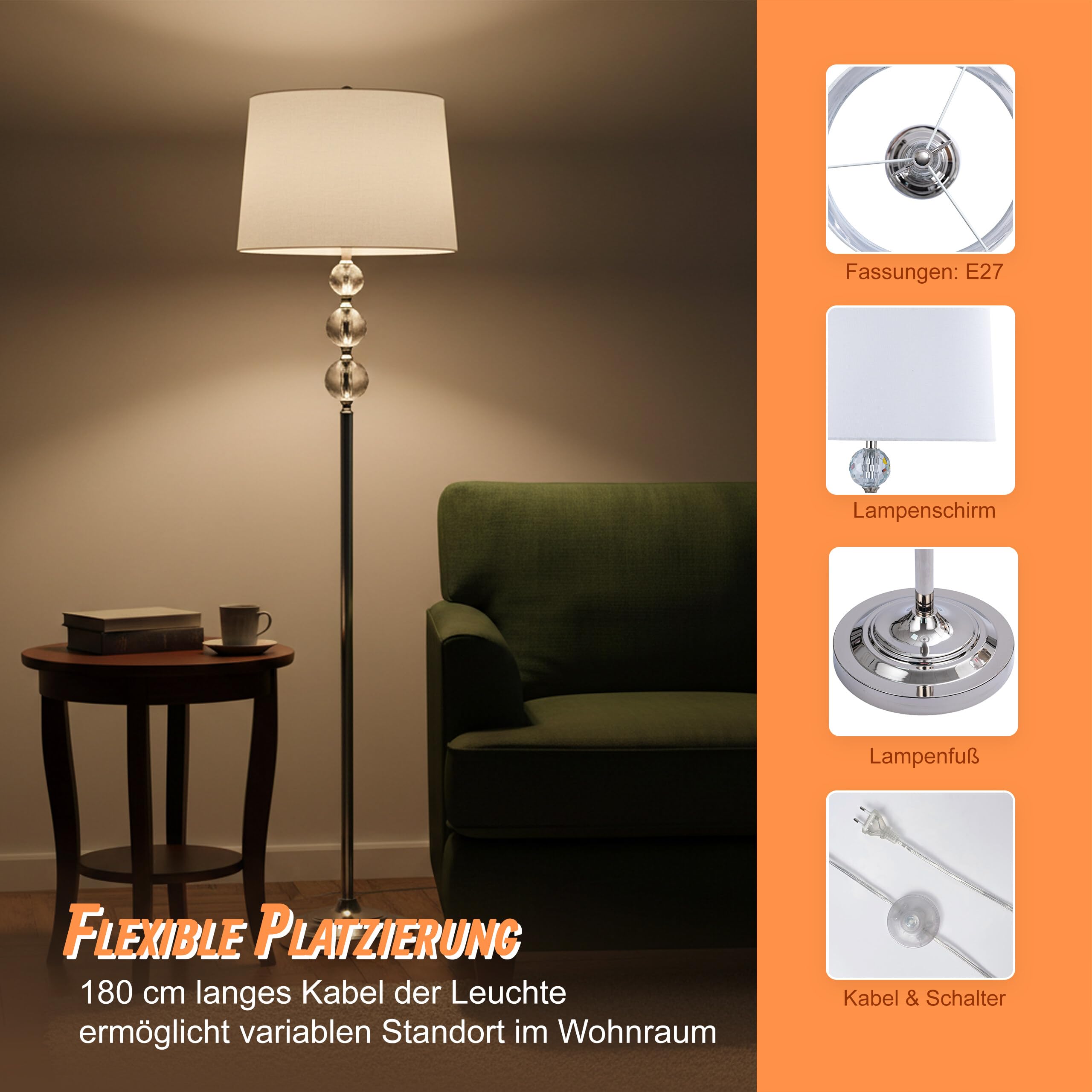 Relaxdays Stehlampe, Stoffschirm, Metall, E27, HxD: 155 x 35,5 cm, Kristall-Design, Standleuchte Wohnzimmer, Farbwahl