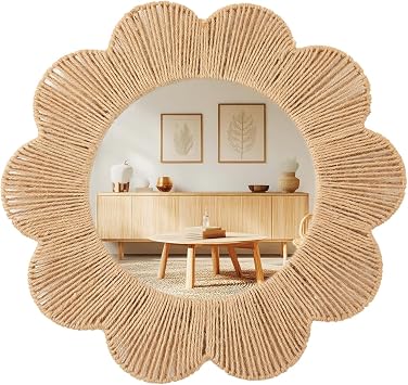 Sintuff Boho Scalloped Wall Mirror Decorative Flower Round Wavy Mirror with Frame Rustic Farmhouse Rattan Wicker Natural Wall Decor for Bathroom Bedroom OfficeJute,18 Inch,Scalloped