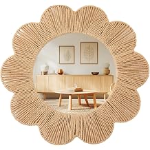 Sintuff Boho Scalloped Wall Mirror Decorative Flower Round Wavy Mirror with Frame Rustic Farmhouse Rattan Wicker Natural Wall Decor for Bathroom Bedroom Office Jute,24 Inch,Scalloped