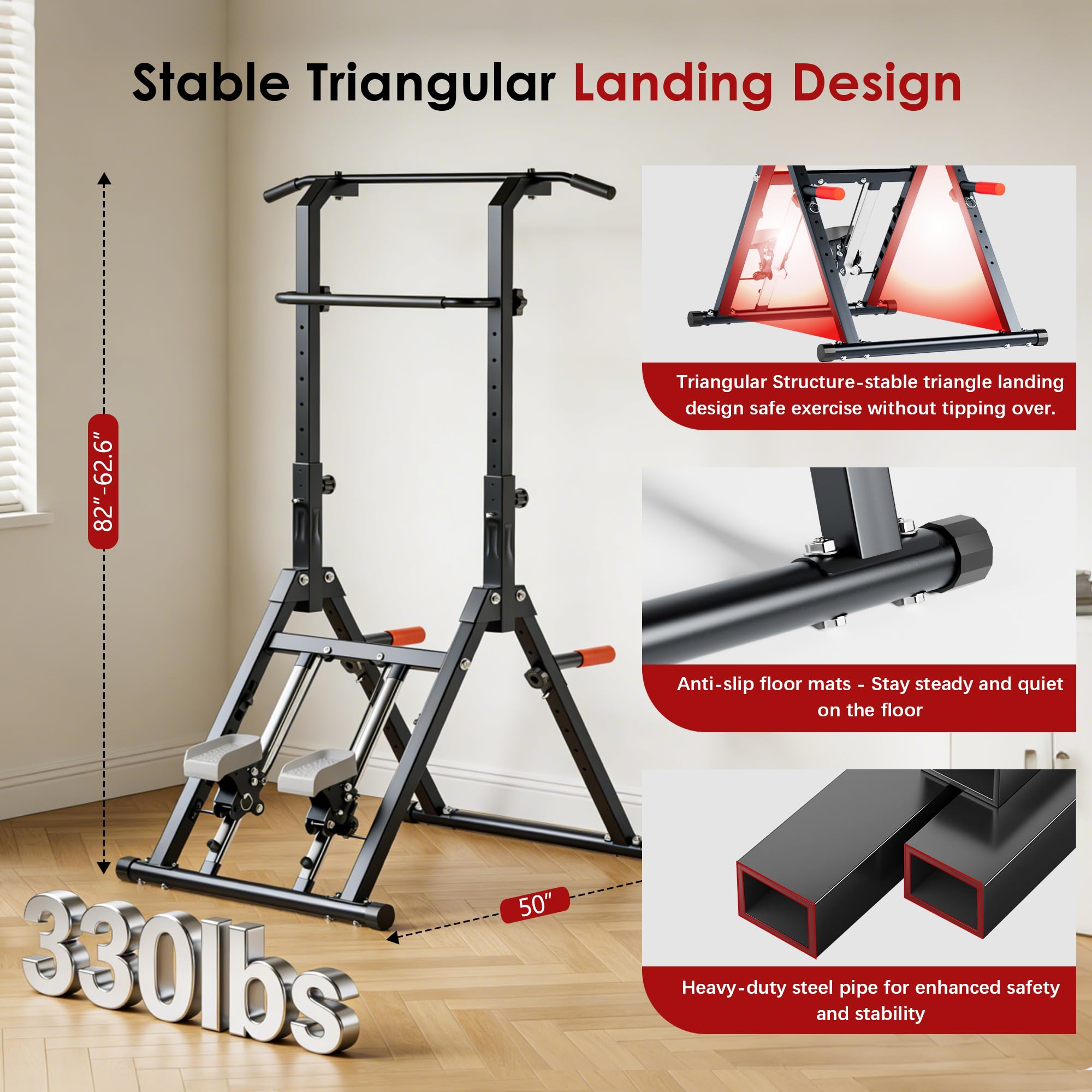Höhenverstellbare Kraftstation Multistation mit Klettertrainer, Fitnessturm Klimmzugturm mit Stepper, 150kg Traglast Dip Station Klimmzugstation Sportgerät Heimtraining, 77,5×126×159–208cm
