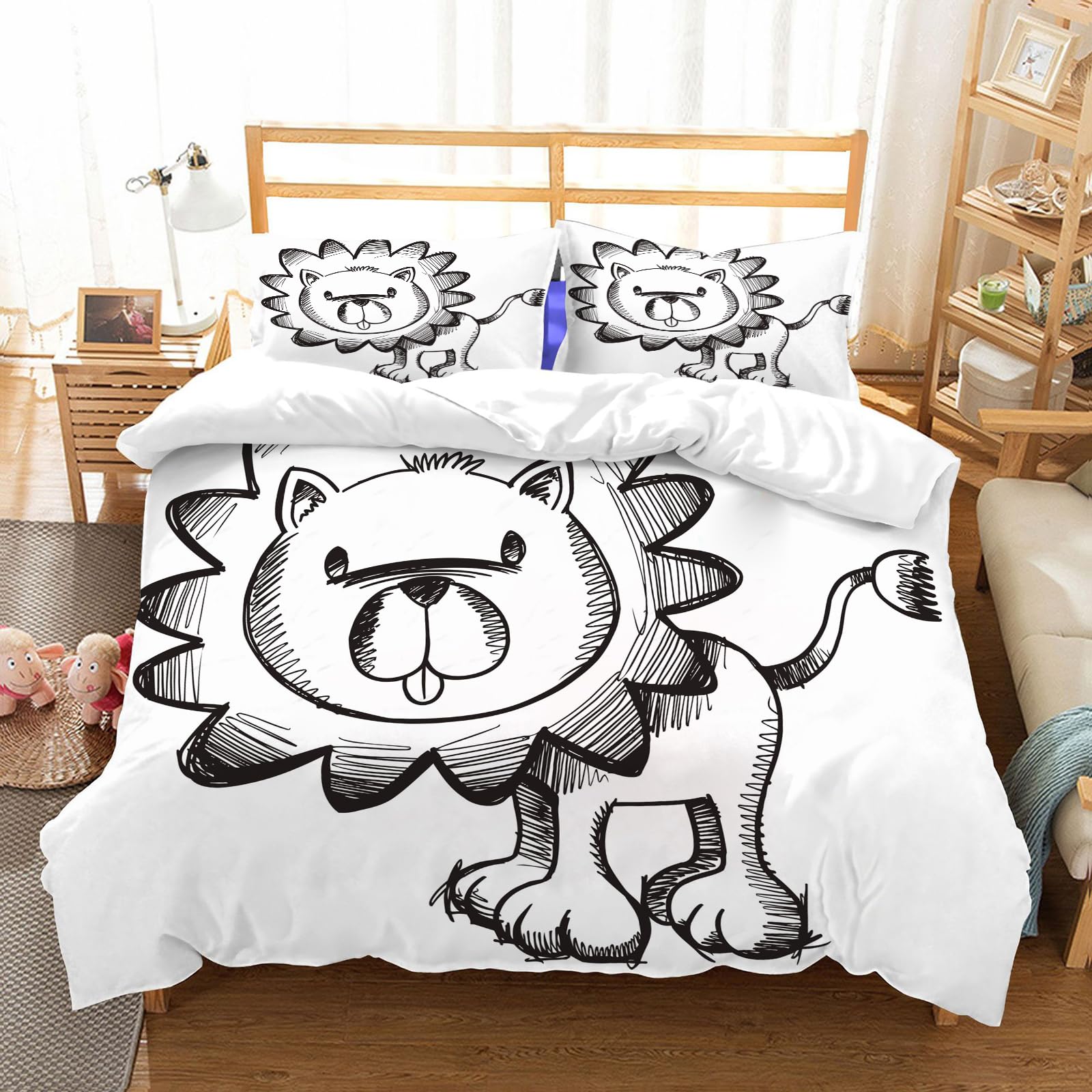 Parure de lit motif lion 178x208cm en microfibre de haute qualité avec 2 taies