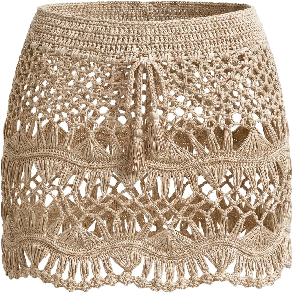 CUPSHE Women Crochet Coverup Skirt Drawstring Knit Mini Skirt Coverup for Swimwear