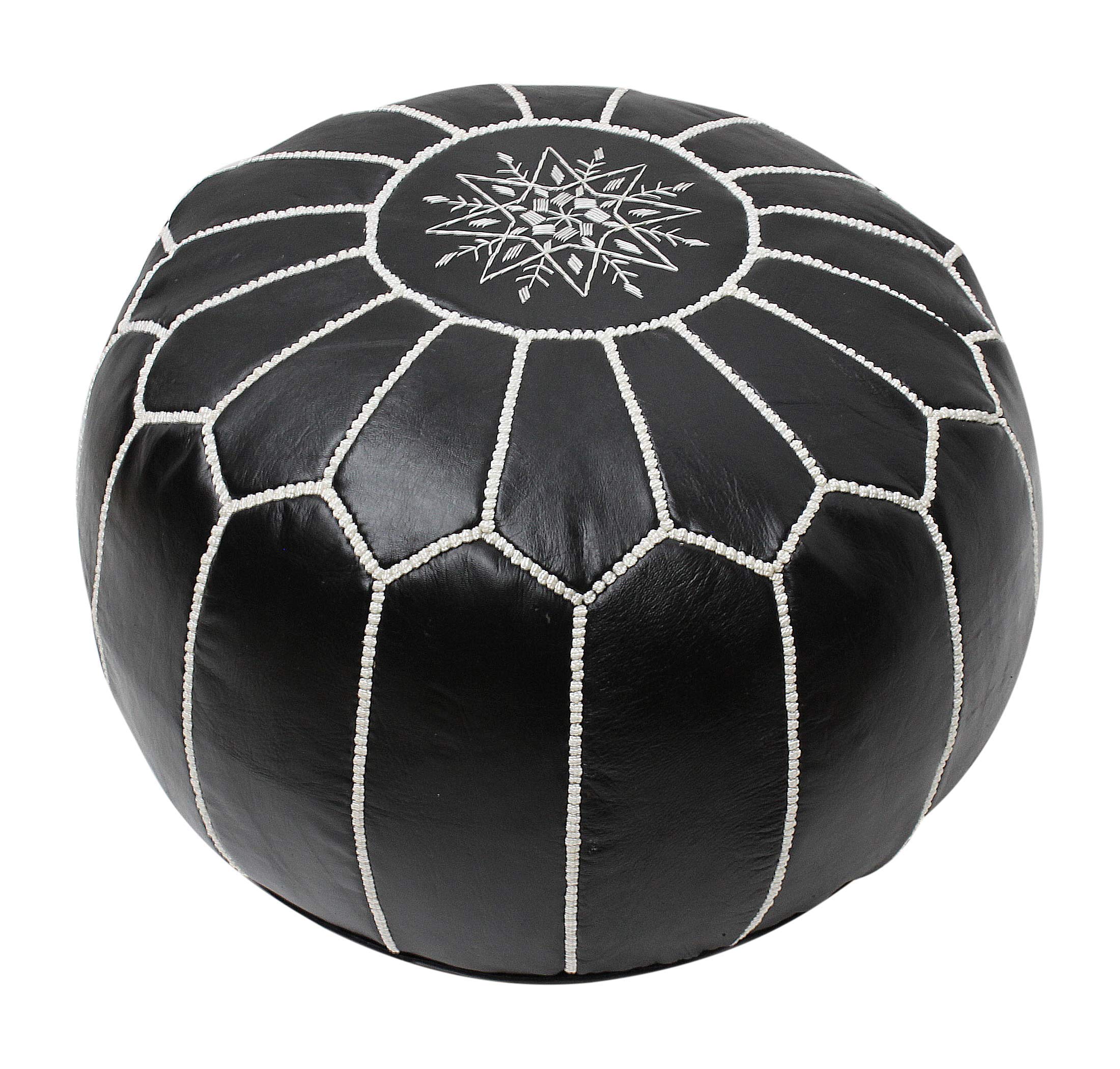 ESSENCE OF MOROCCO Moroccan Pouffe Pouf Footrest Footstool Ottoman Real Leather Black and White Handmade Hand-stitched with Embroidered Marrakech Design (COVER ONLY)