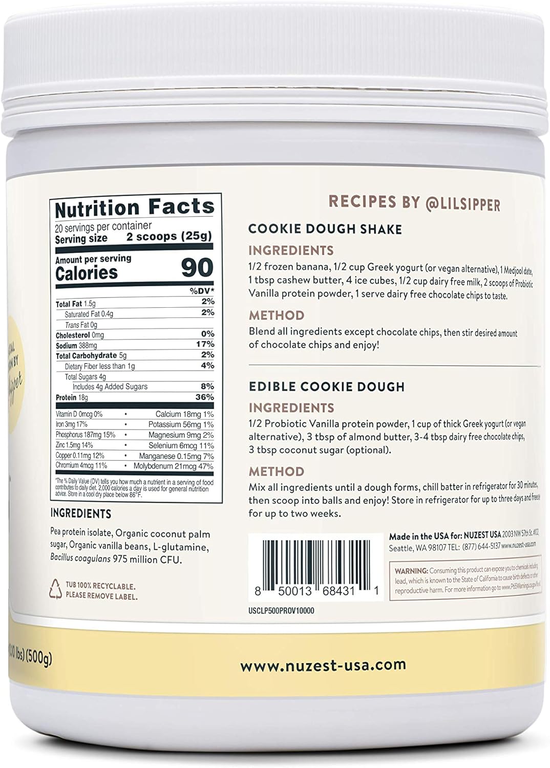 Probiotic Vanilla Clean Lean Protein by Nuzest - Digestive Support, Pea Protein Powder with Added Probiotics, Vegan Protein Powder, Gut Health, Non-GMO, 20 Servings, 1.1 lb : Everything Else