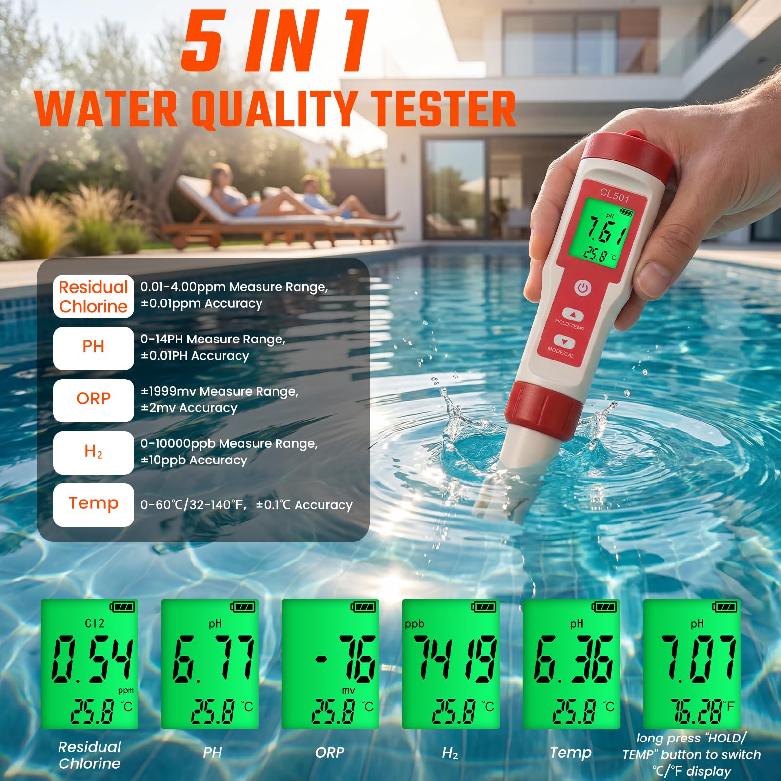 PH Chlormessgerät Pool Digitales Wasserqualität Tester, 5 in 1 PH/Chlor/ORP/H₂/Temp Messgerät mit pH Teststreifen und LCD-Display, für Trinkwasser Spa Aquarium Hidroponik Hydrokultur