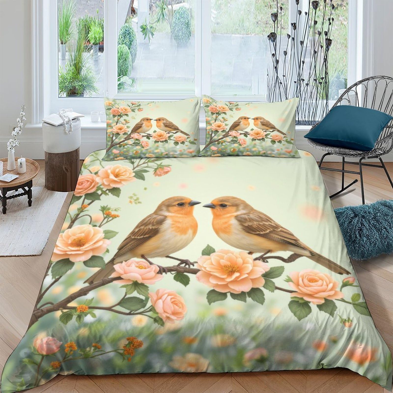 Ctjqhvkz Style-7 3D Printed Robin Couple Fitted Sheet Microfiber Soft Orange Floral Mattress Cover For Bedroom Guestroom Decor Single（135X200cm）