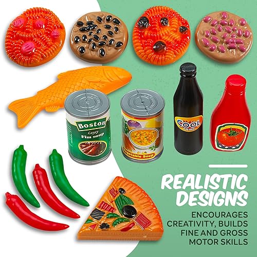 Miniatura 8 de MEDca Juego de comida para niños, colección de 130 piezas, juego de comida falsa surtida, incluye frutas, verduras, aperitivos, postres, jugos,