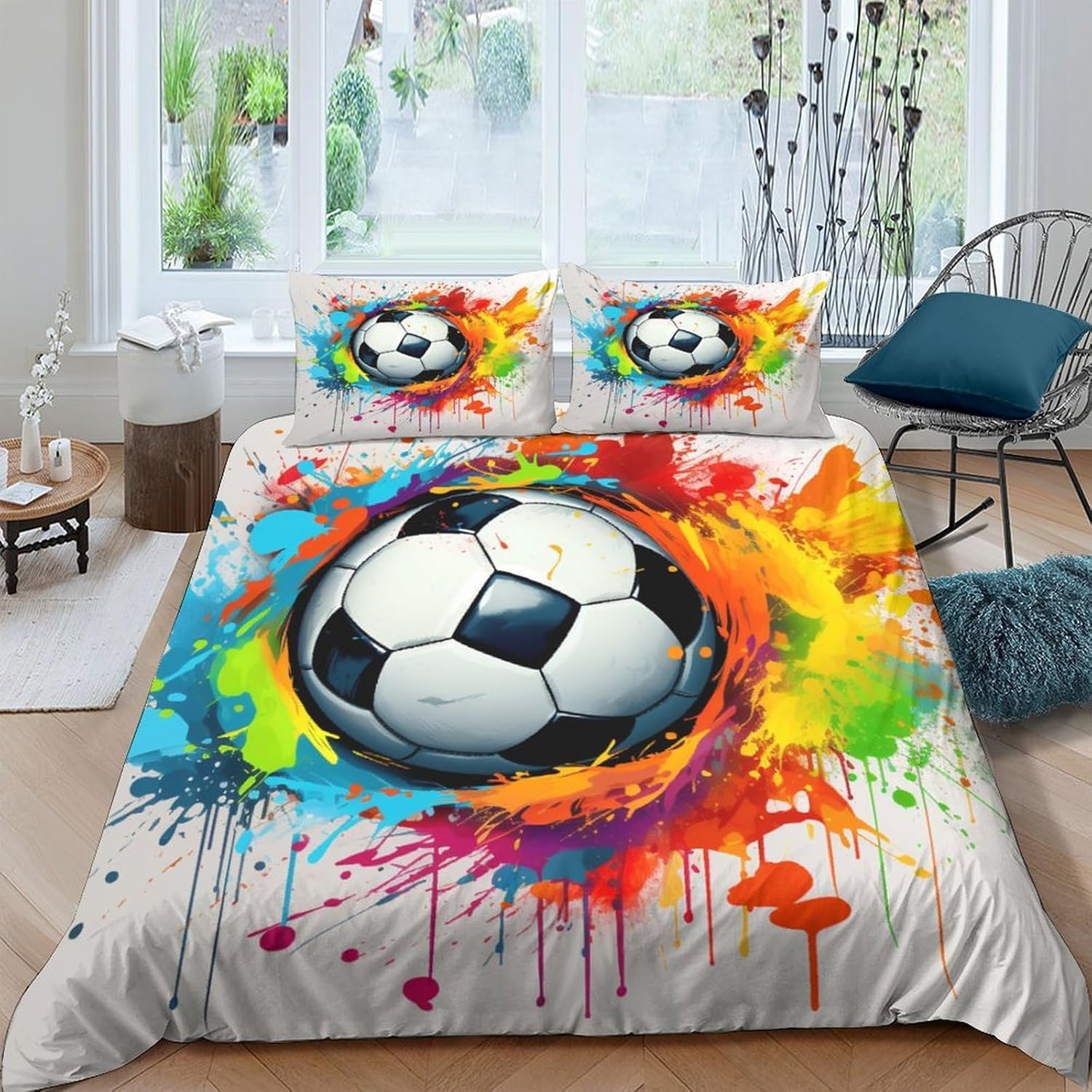 Parure de lit 3D football hypoallergénique et housse de couette grand confort facile d'entretien
