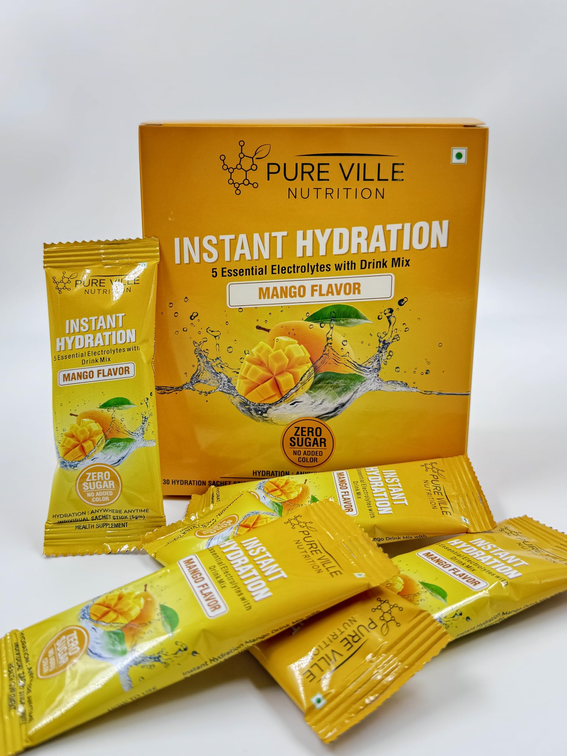 Pure Ville Nutrition Instant Hydration Electrolyte Drink Mix, Mango Flavor, Zero Sugar, 30 Sachet Sticks