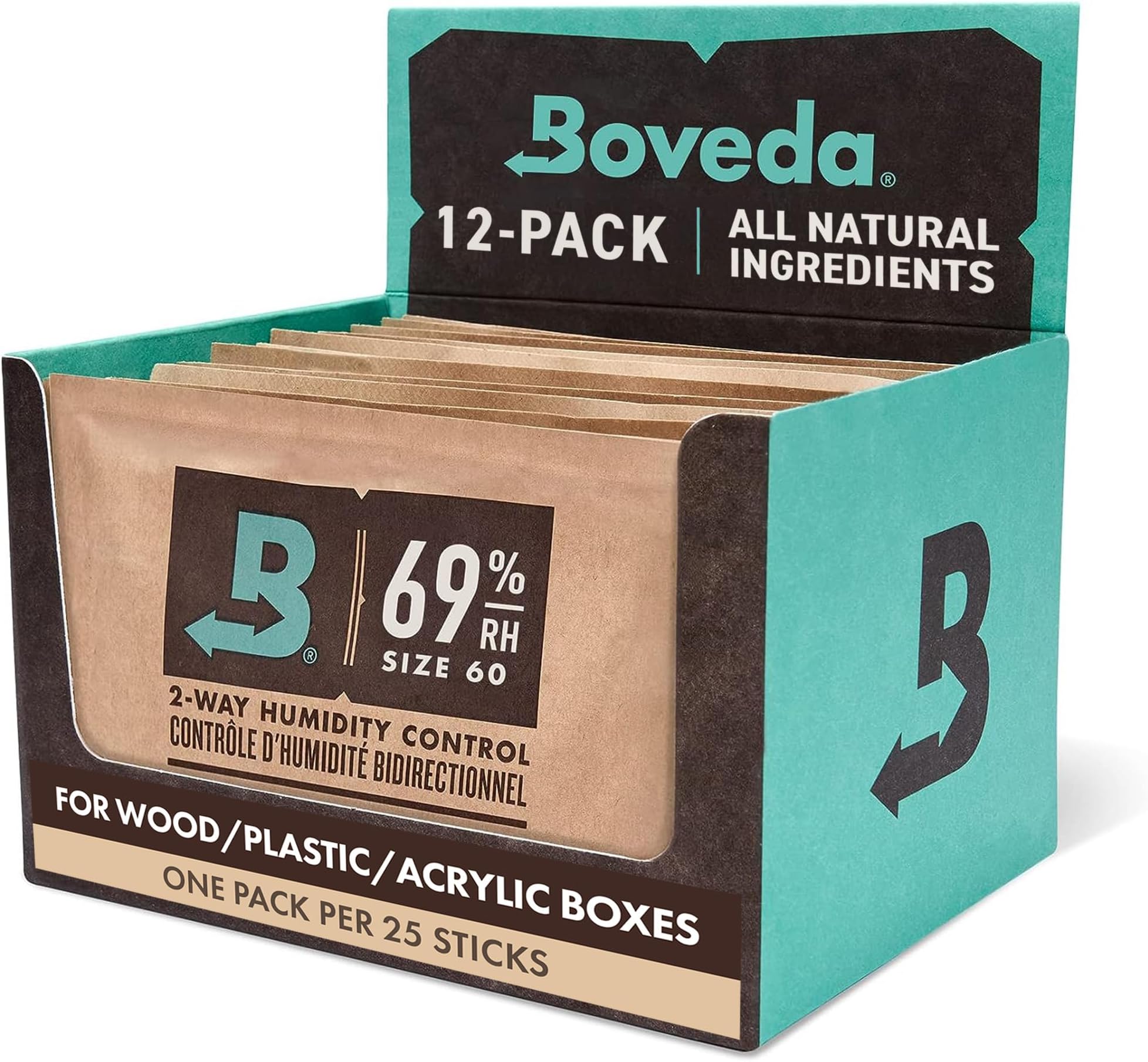 Boveda 69% Two-Way Humidity Control Packs For Plastic & Wood Humidifier Boxes & Zip Lock Bags – Size 60 – 12 Pack – Moisture Absorbers – Humidifier Packs – Individually Wrapped Hydration Packets