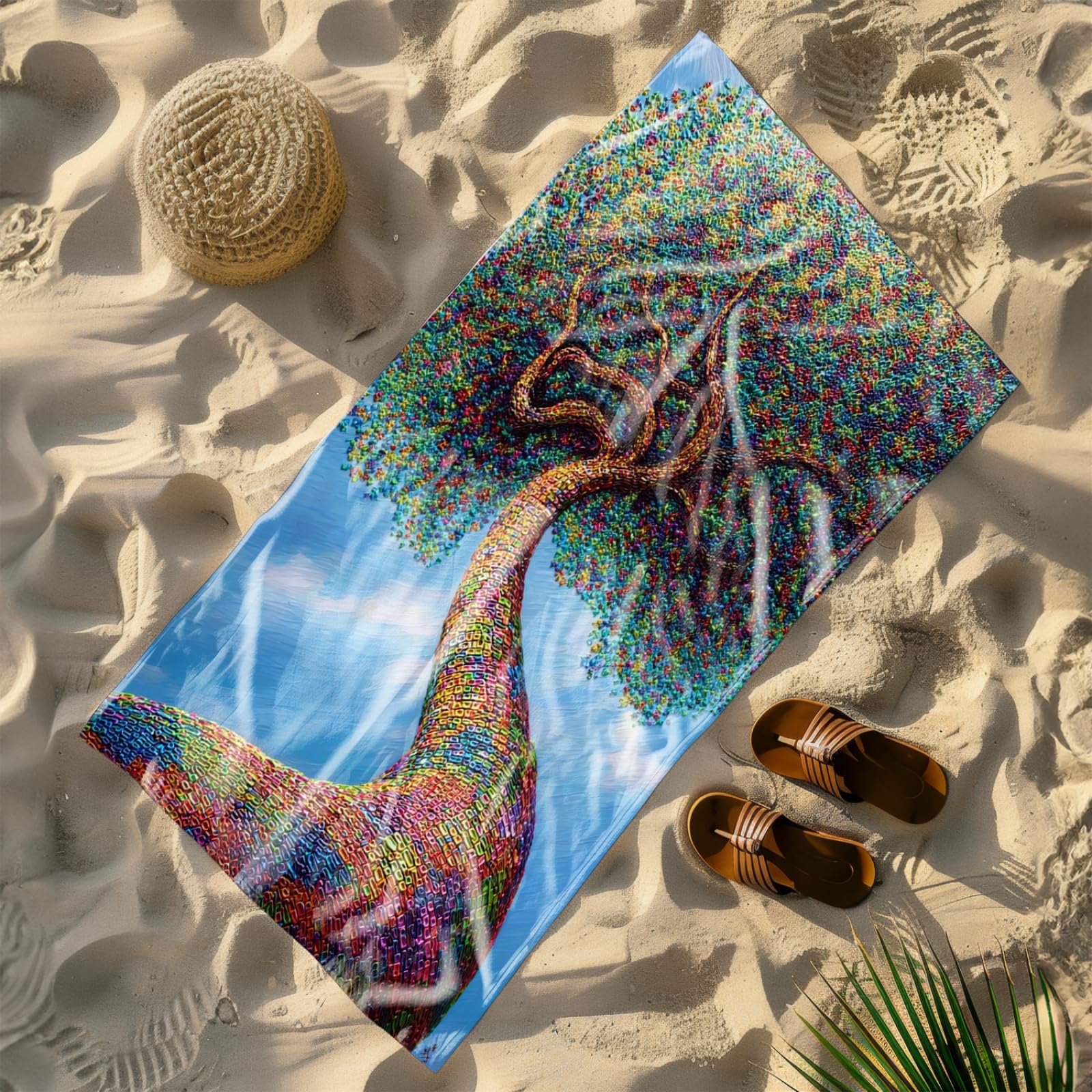 Serviette de Plage 90X180 Arbre Géométrique Bleu-Vert