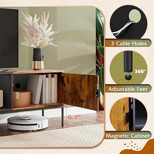 Miniatura 4 de WLIVE Soporte de TV para TV de 65 pulgadas, centro de entretenimiento moderno de mediados de siglo con 2 gabinetes de almacenamiento y estante