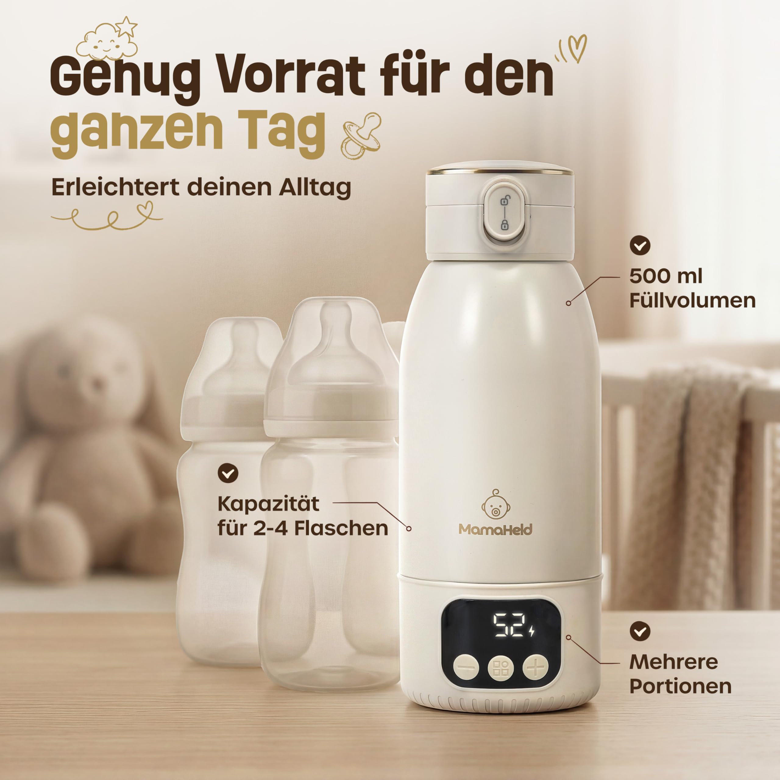 Tragbarer Babyflaschenwärmer für unterwegs – Schnelles Aufheizen in 2 Min | 500ml Kapazität | Für Muttermilch & Wasser | BPA-frei | Mehrfach nutzbar pro Tag | inkl. Bürste & Mama Ratgeber