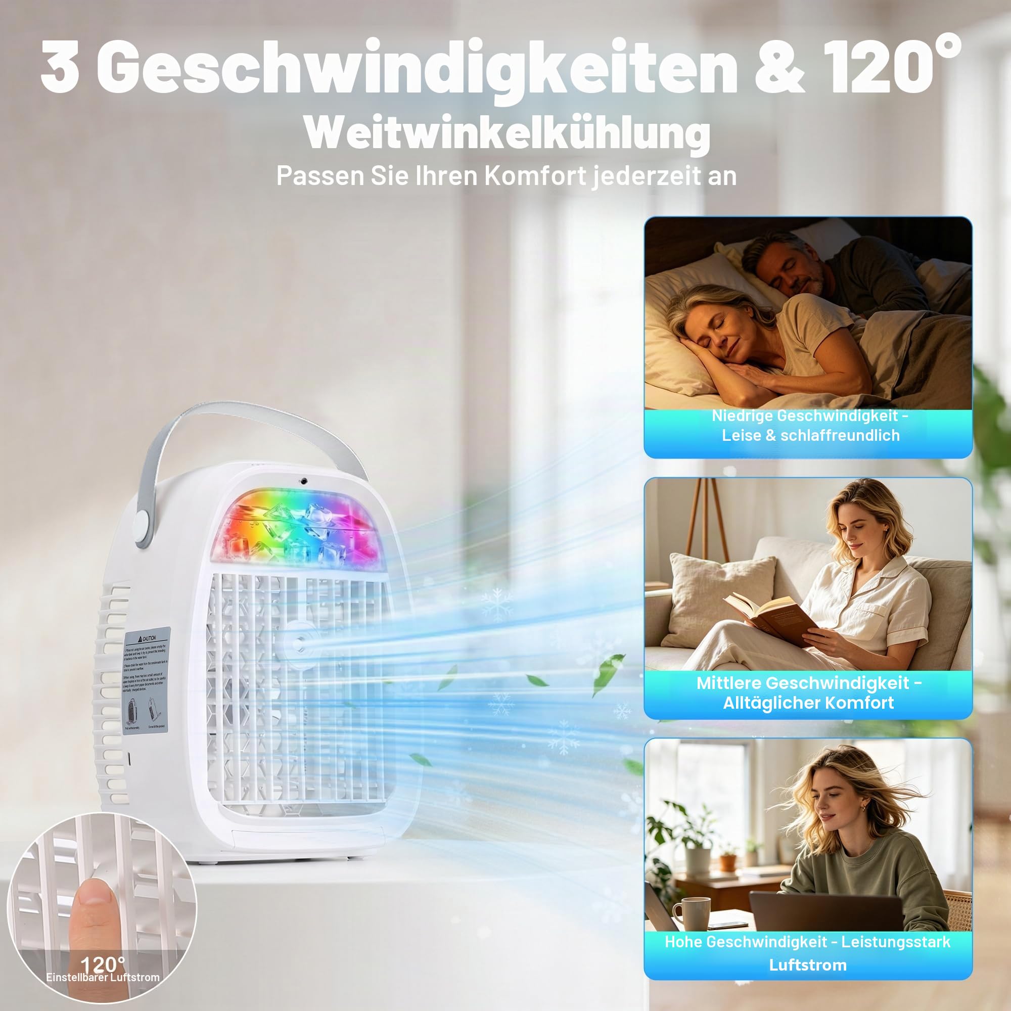 Mobile Klimaanlage 1100ML, Luftkühler mit Wasserkühlung ohne Abluftschlauch, Mini Klimaanlage 4 in 1, Klimagerät mit 3 Windstufen, 2 Sprühmodi, USB Ventilator mit LED für Zimmer Büro Camping