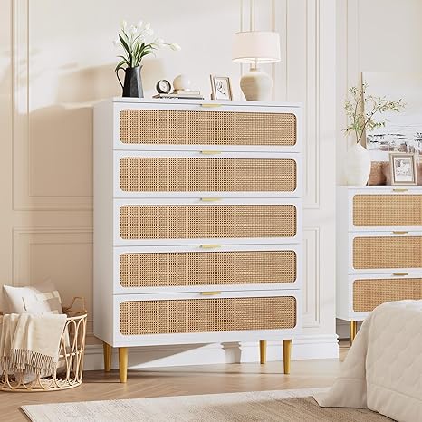 GarveeHome Rattan 5 Drawer Dressers for Bedroom, Tall Dresser with Deep Drawers, Large Chest of Drawers for Closet with Wide Top, Long Wooden Dresser for Living Room, Hallway, Kids Room, White