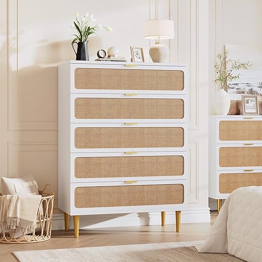 GarveeHome Rattan 5 Drawer Dressers for Bedroom, Tall Dresser with Deep Drawers, Large Chest of Drawers for Closet with Wide Top, Long Wooden Dresser for Living Room, Hallway, Kids Room, White